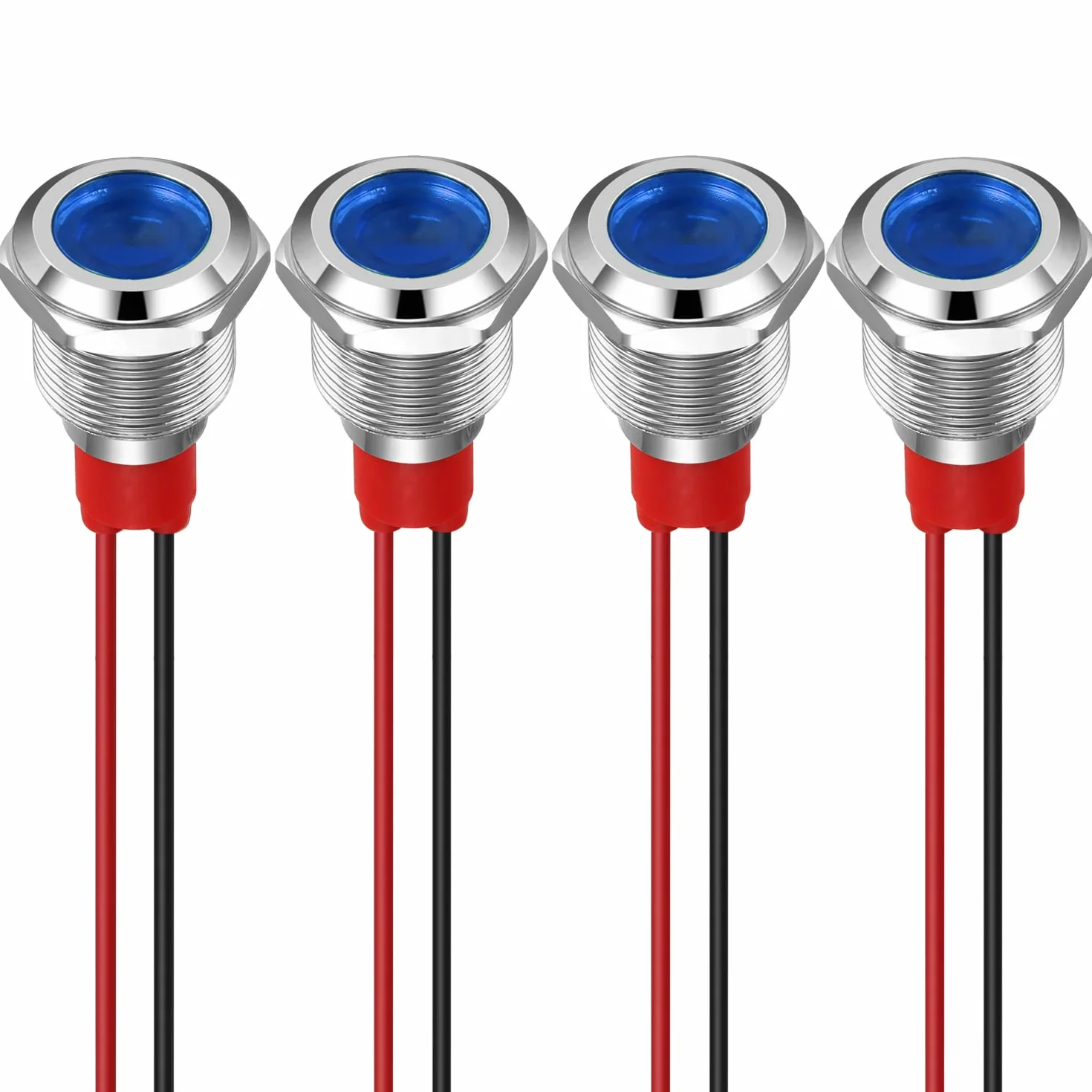 GUUZI 12mm 4pezzi 12-24V LED Indicatore luminoso Impermeabile Segnale luminoso Oannello Metallico indicatore LED Segnale luminoso Pannello Montaggio Testa Piatta con fili guscio argentato (blu)