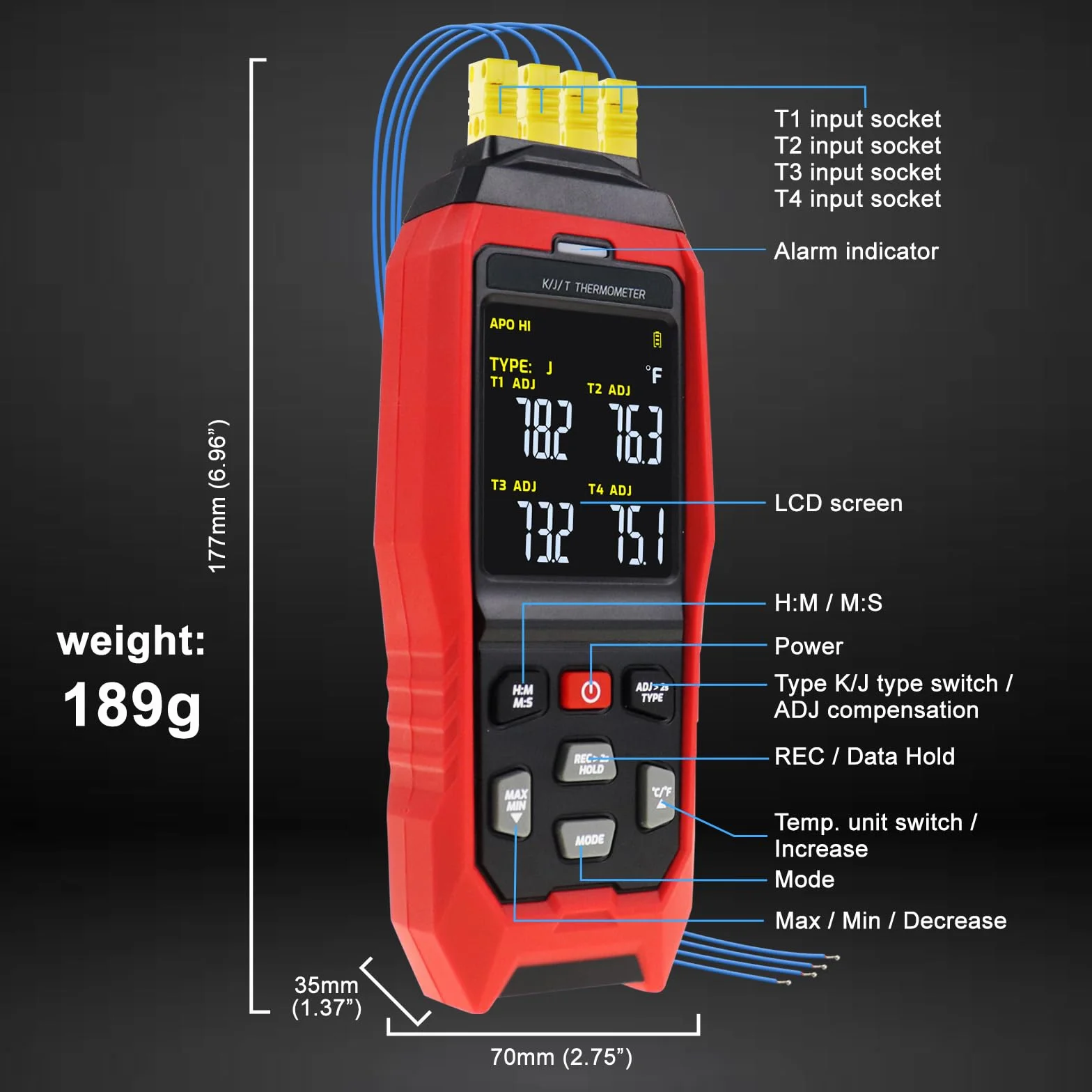Registratore Dati Termometro a Termocoppia 4 Canali Tipo K, -328~2501°F, Allarmi Acustici Visivi