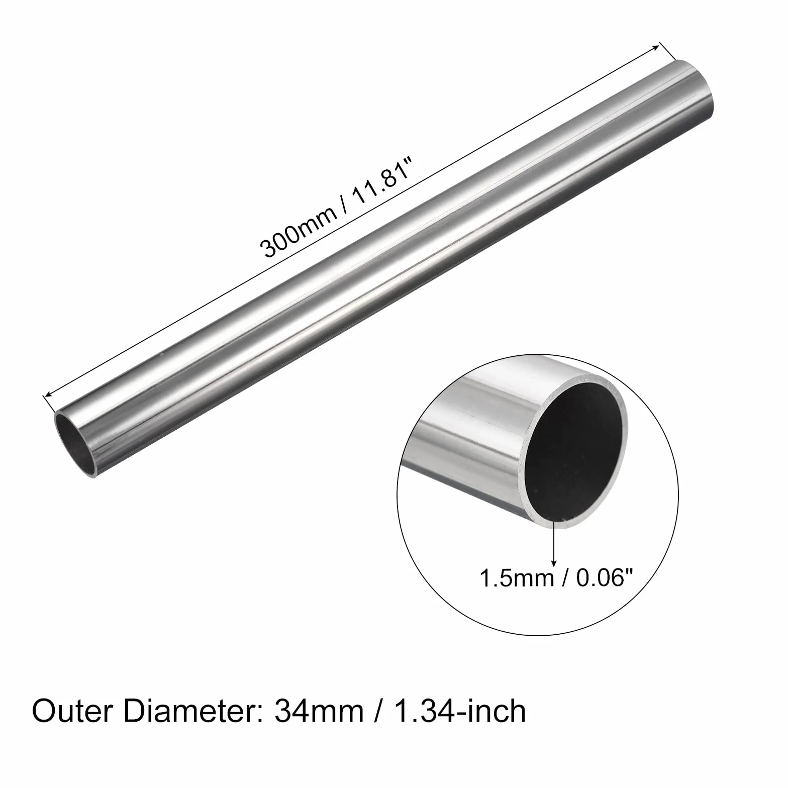 QUARKZMAN 30cm Lunghezza Acciaio Inox 304 Tubo, Tubi Dritti in Acciaio Inossidabile 304 OD 34mm x 1,5mm Parete Spessore Metallo Tubi Capillari Inox per Industria Macchine