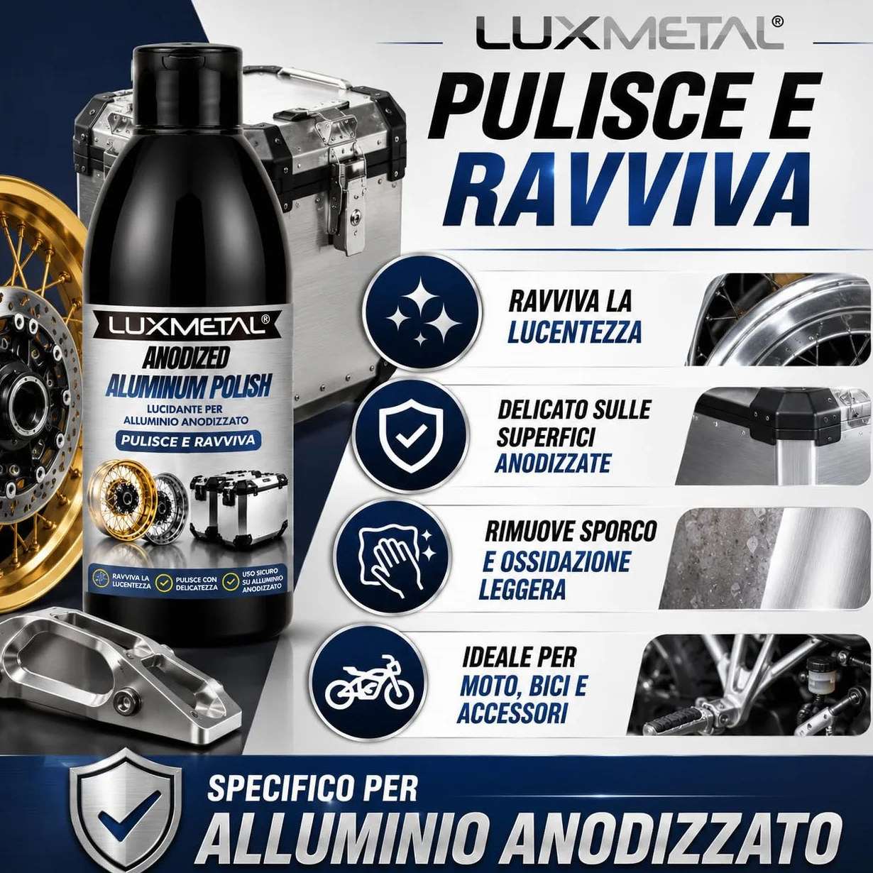 Anodized Aluminum Polish 250 gr, Lucidante per Alluminio Anodizzato, Pulisce e Ravviva Cerchi BMW GS Auto Moto Ruote Valigie e Bauli in Alluminio Azione Delicata