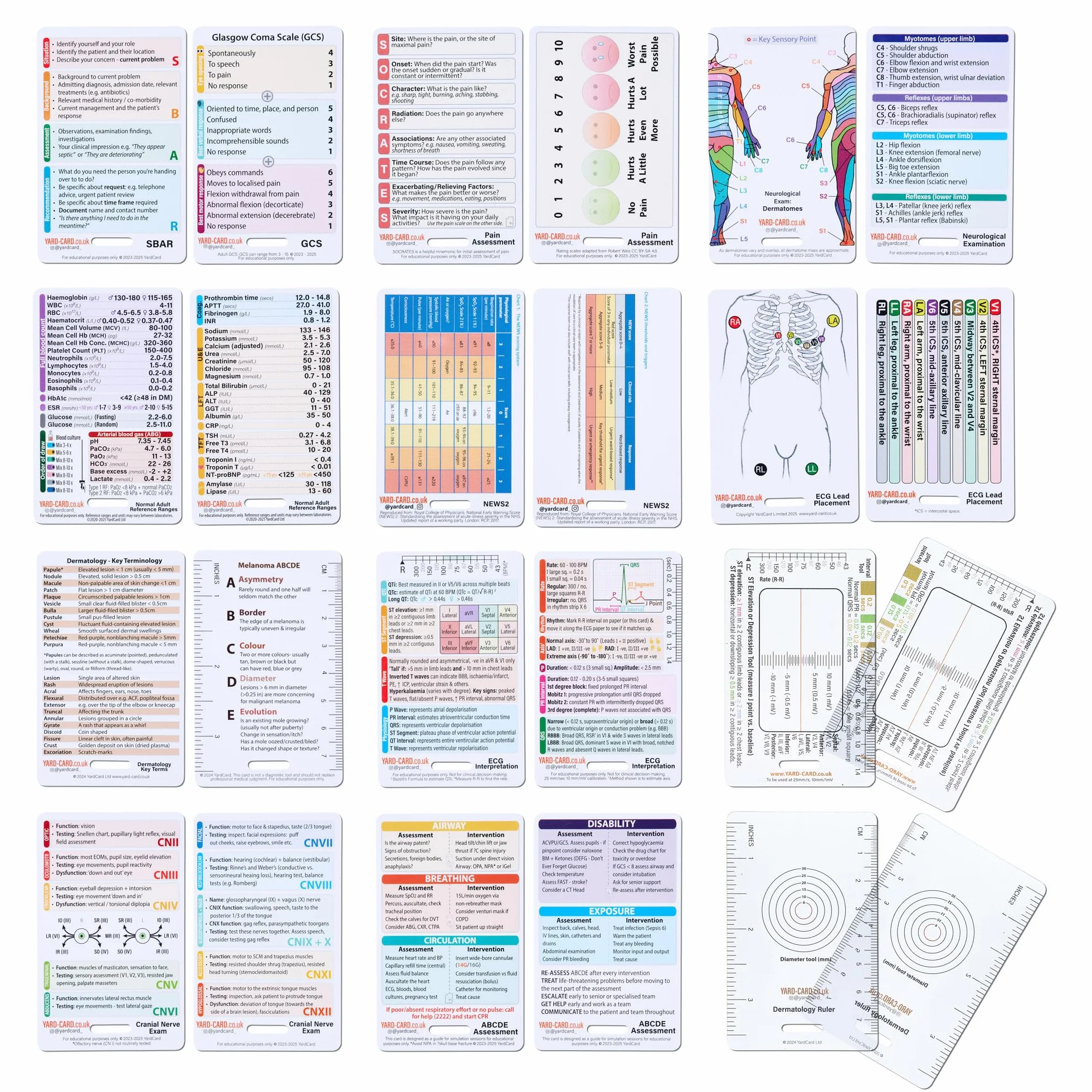 YardCard Set di 12 Carte Essenziali per Cravatta (Dimensione Tessera ID) con Supporto e Bobina Retrattile per Infermieri, Studenti Infermieri, Medici, Paramedici, Studenti di Medicina
