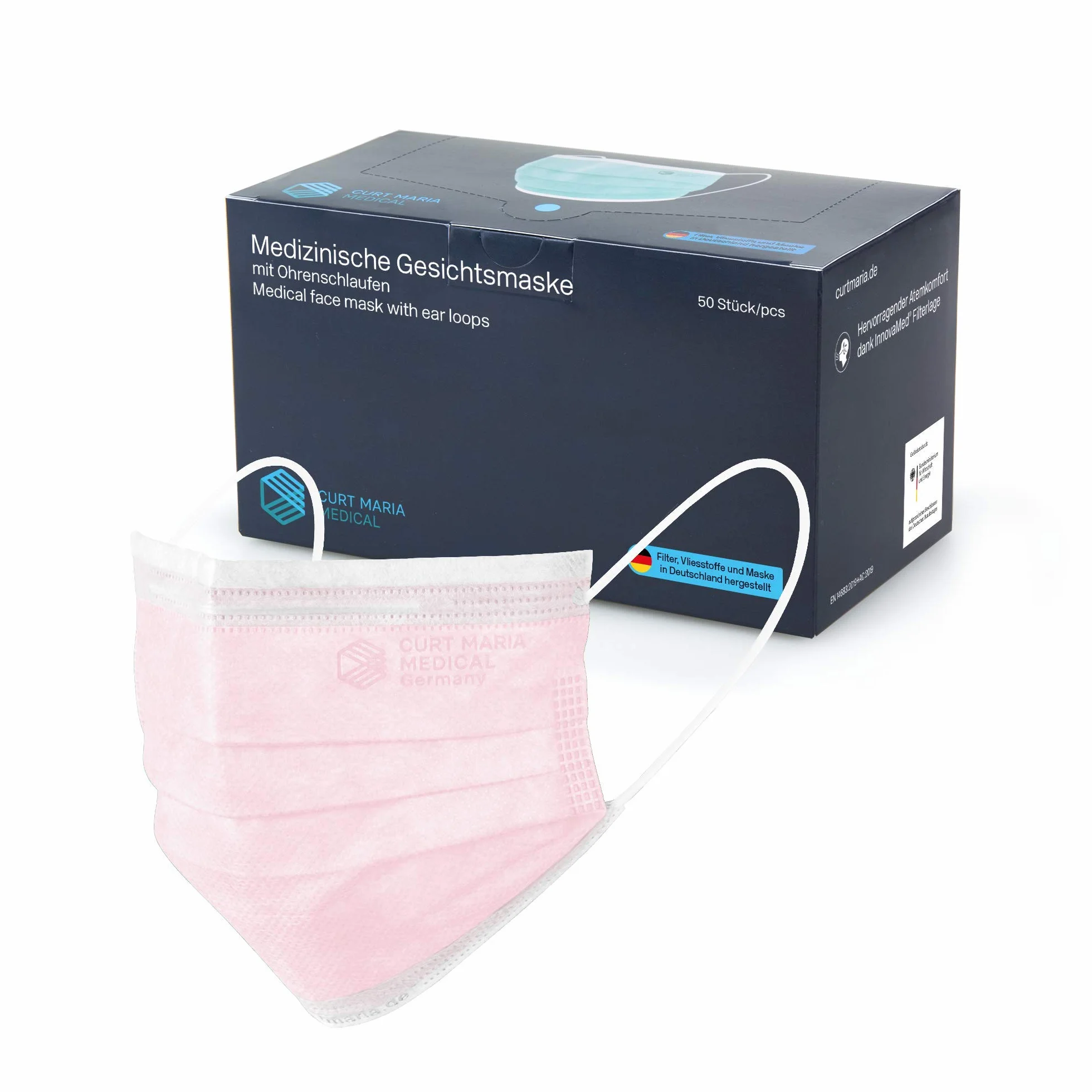 Curt Maria Medical 3-Ply Maschere Viso Mediche con Anelli per Orecchio Uso Singolo Rosa Confezione da 50