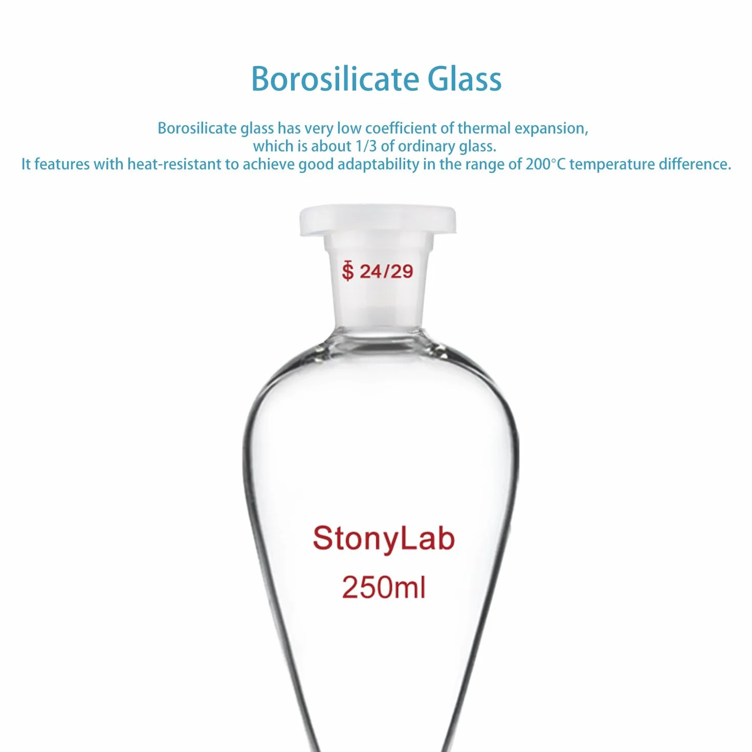 stonylab Lmbuto Separatore con Rubinetto in Vetro, Imbuto in Borosilicato con Giunto 24/29 per Separazione Accurata di Liquidi in Laboratorio, 250 ml