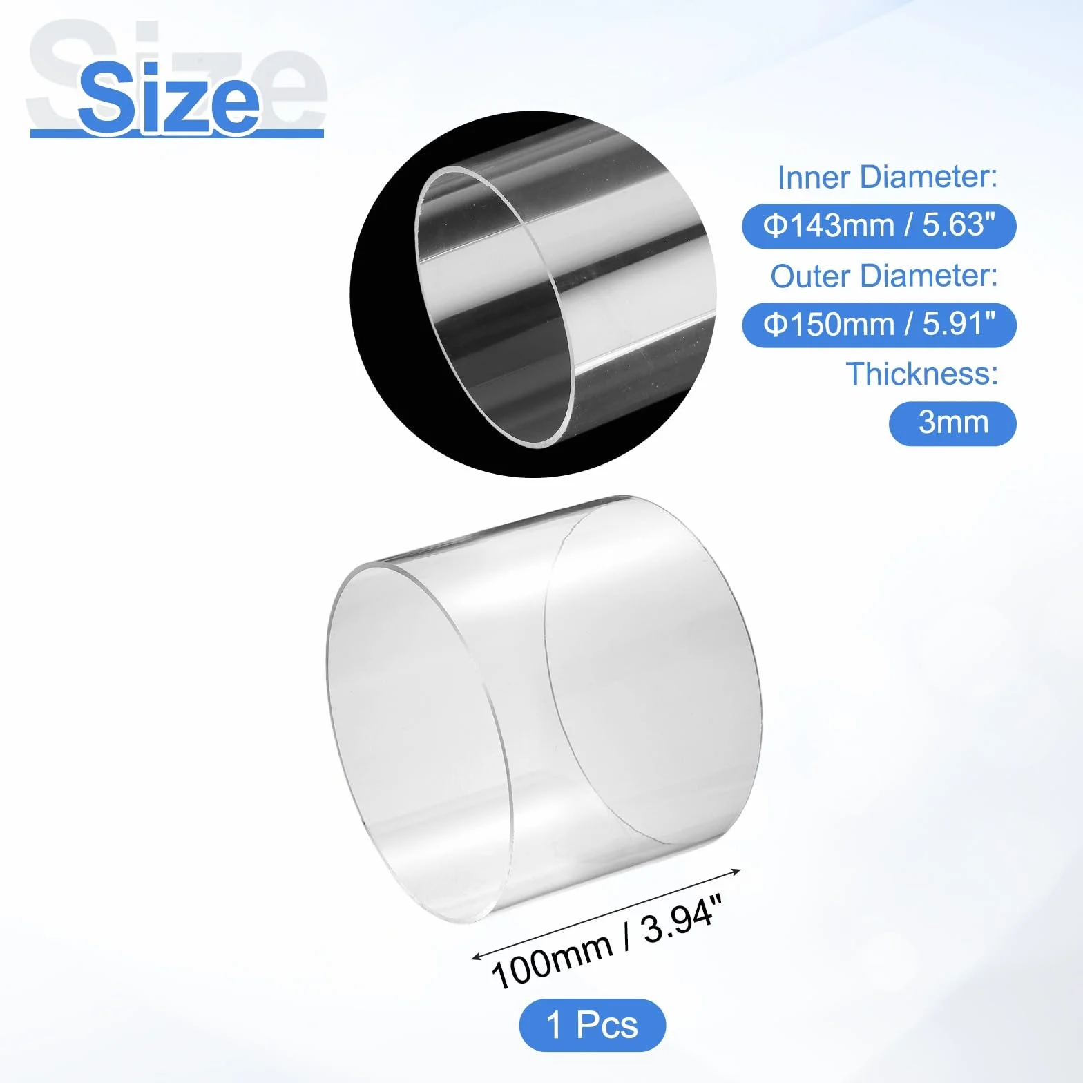 Tubo in Acrilico Rigido Trasparente 4" 143 mm DI x 150 mm DE Policarbonato per Idraulica Acquari Fai Da Te
