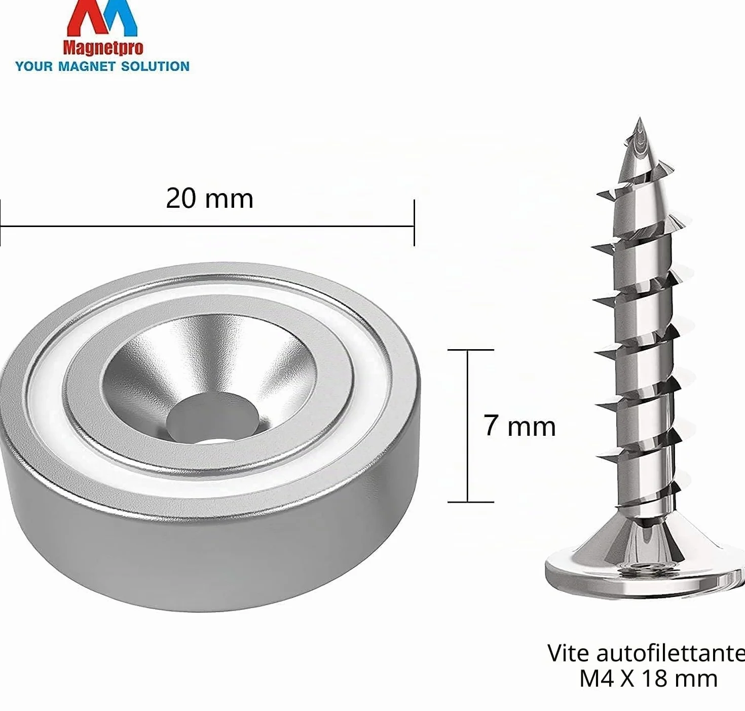 Magnetpro Set di 24 magneti da 10 kg Forza 20 x 7 mm con foro e capsula Magnete a testa svasata con vite
