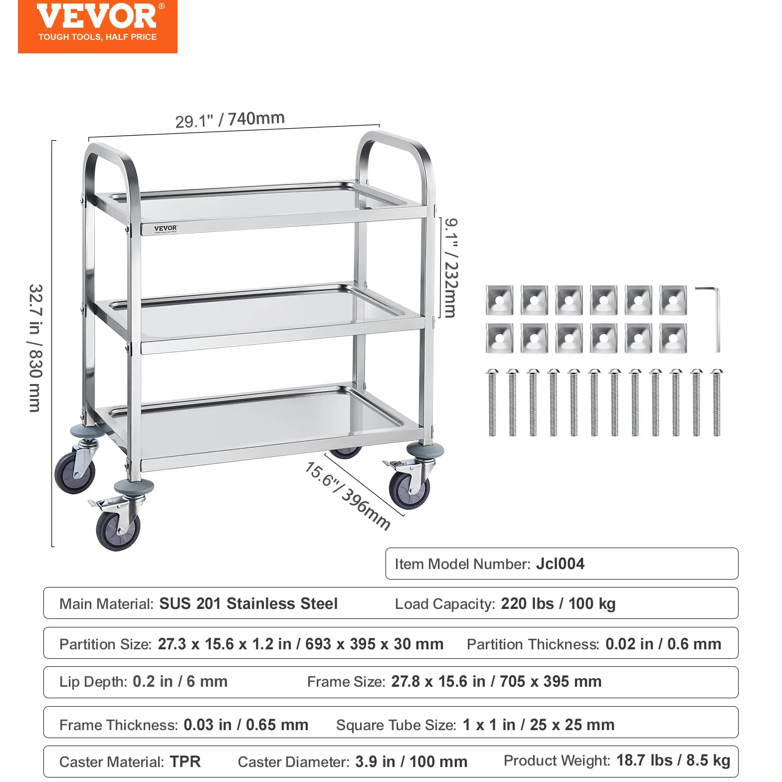 VEVOR Carrello da Laboratorio in Acciaio Inox 3 Ripiani 100 kg 740x396x860 mm