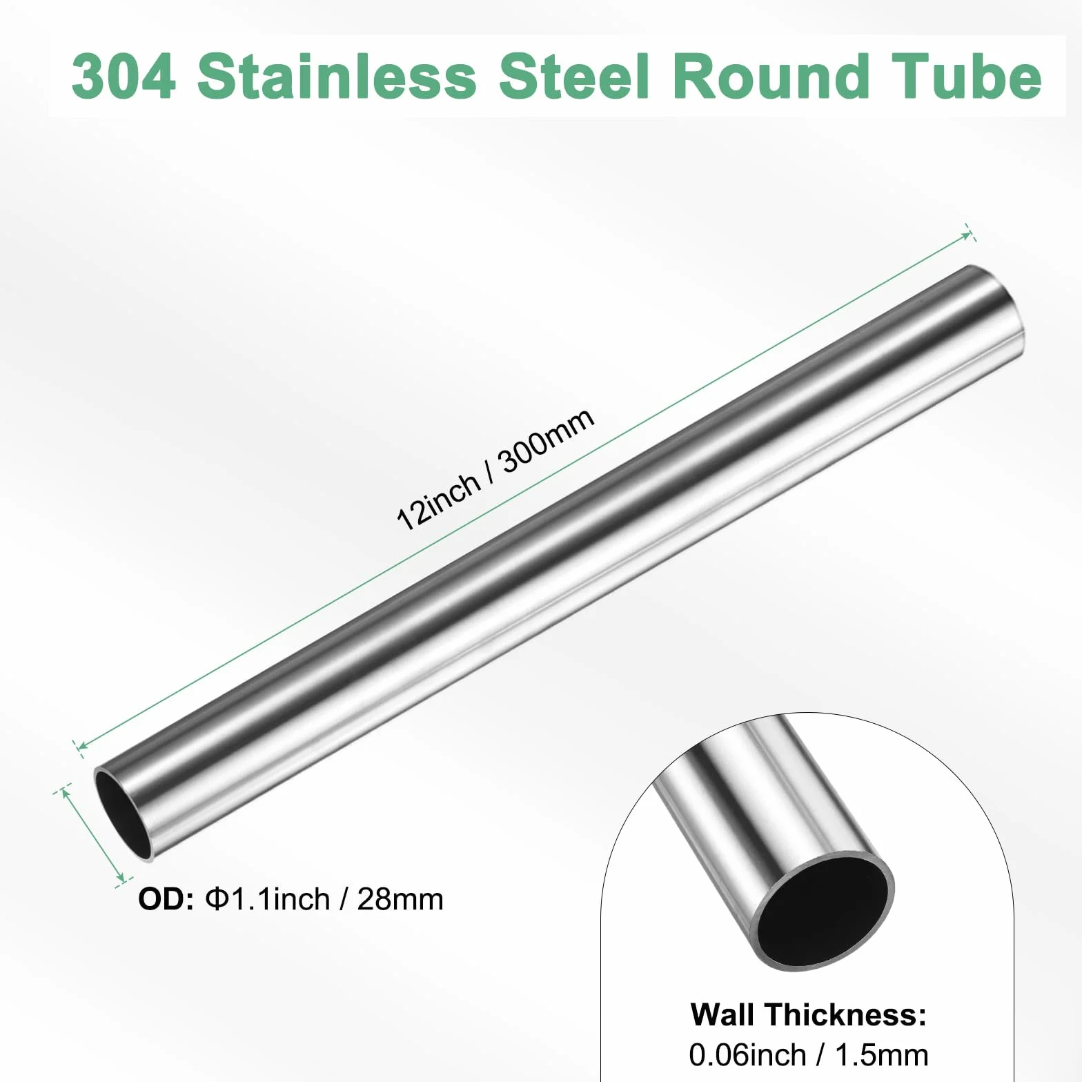 Tubo Acciaio Inossidabile 304 300mm OD 28mm Spessore 1.5mm Senza Saldatura
