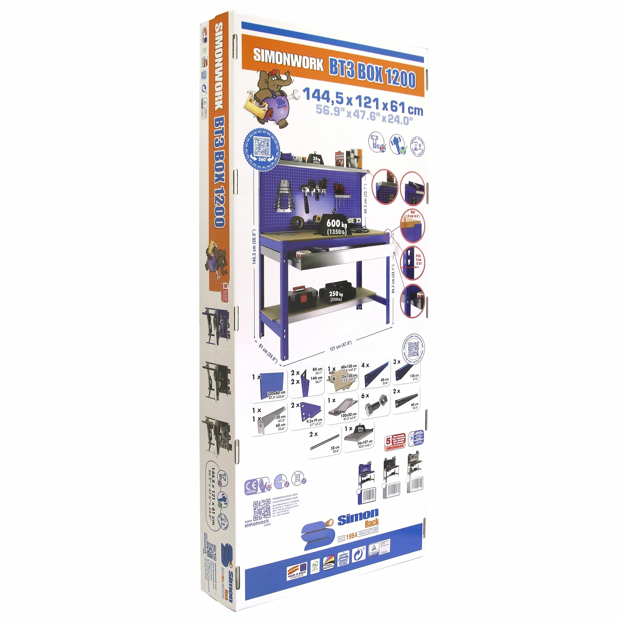 Simon Rack Banco da lavoro per officina, capacità di carico 600 kg, 1445x1210x610 mm, Pannello Forato, Ripiano per cassetti, Tavolo da lavoro fai da te, Blu/Legno - BT3