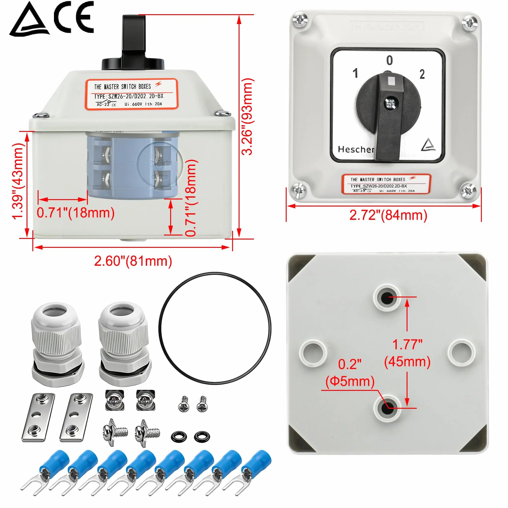 Heschen Interruttore selettore universale rotativo, SZW26-20/D202.2D, 660V 20A, 3 posizioni On-Off-On, 2 fasi 8 terminali, con scatola esterna interruttore master (Scatola più grande)