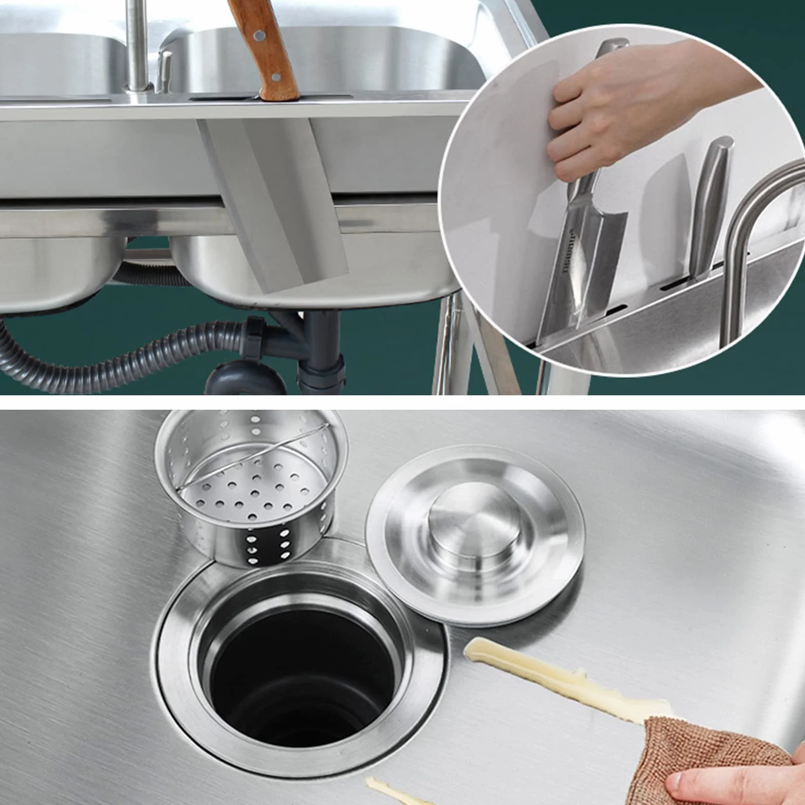 Lavandino a una vasca in acciaio inox, lavello di servizio a libera installazione, lavello da cucina per ristoranti commerciali, con banco di lavoro e ripiani di stoccaggio(120cm/47in,右)