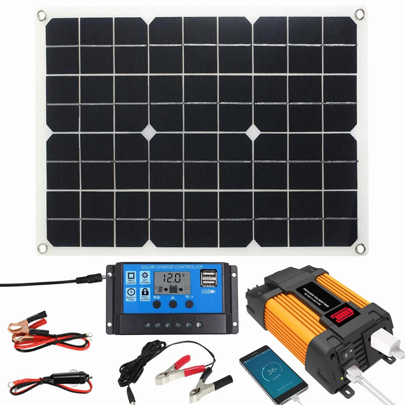 Nixiara Kit Pannello Solare 12V - Inverter a Pannello Solare Mono 500W Con Doppia Porta USB | Controller di Ricarica 30A 500W Inverter Solare Per La Casa, RV, Rimorchio