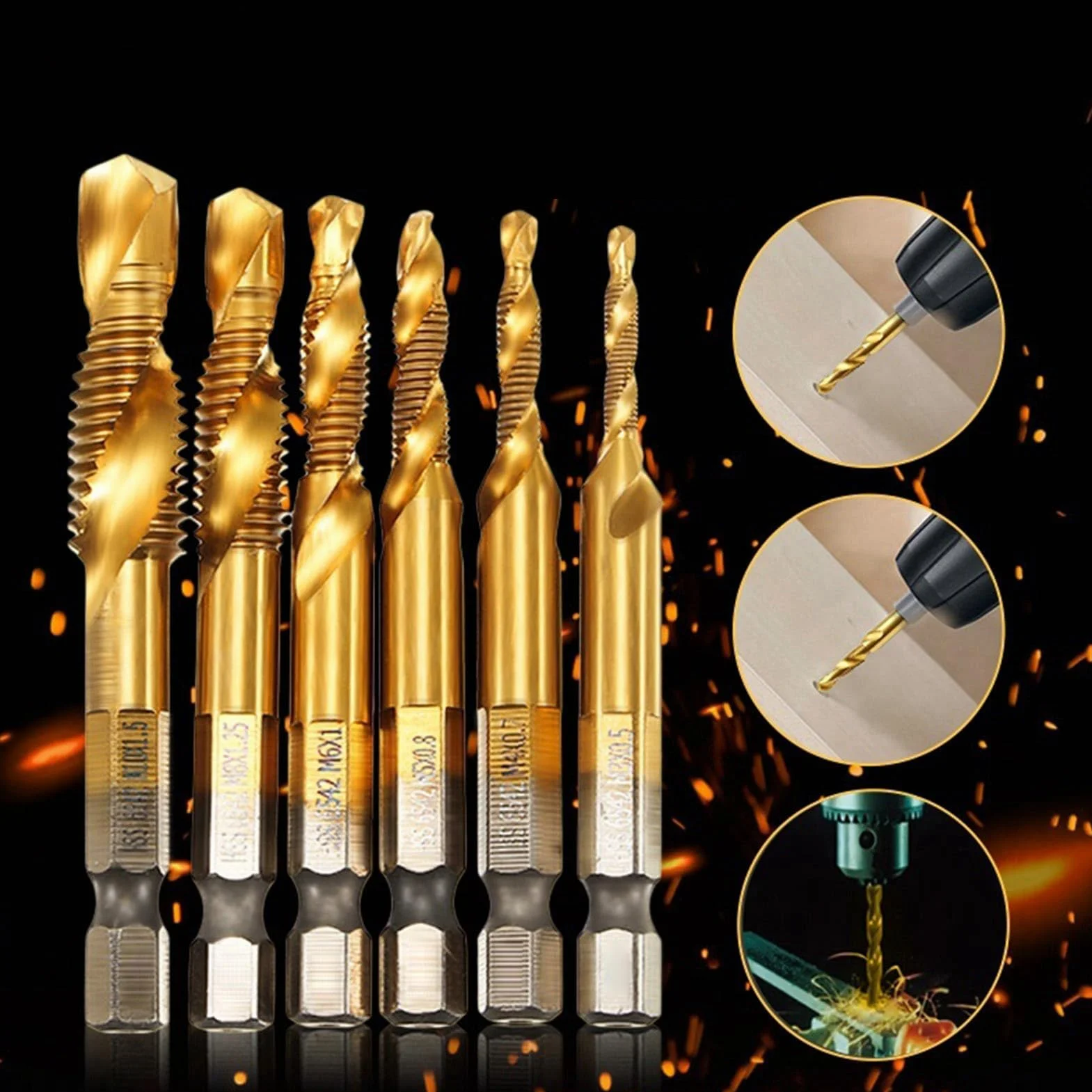 Set di 6 punte per trapano e maschiatura, filettatura metrica M3-M10, codolo esagonale 6 mm HSS placcato in titanio