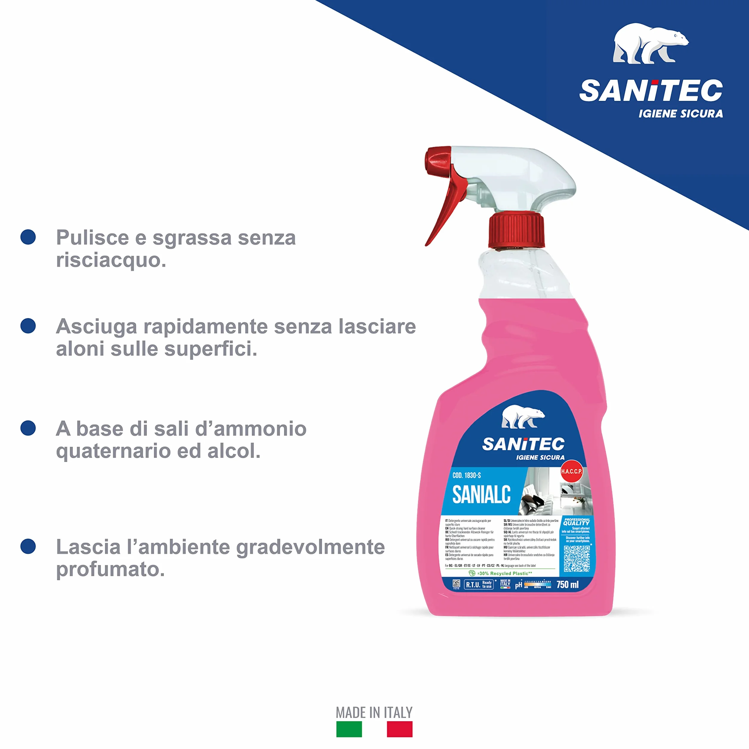 Detergente Universale a Base Alcolica 750 ml - Sanitec Pulire Sgrassare Senza Risciacquare