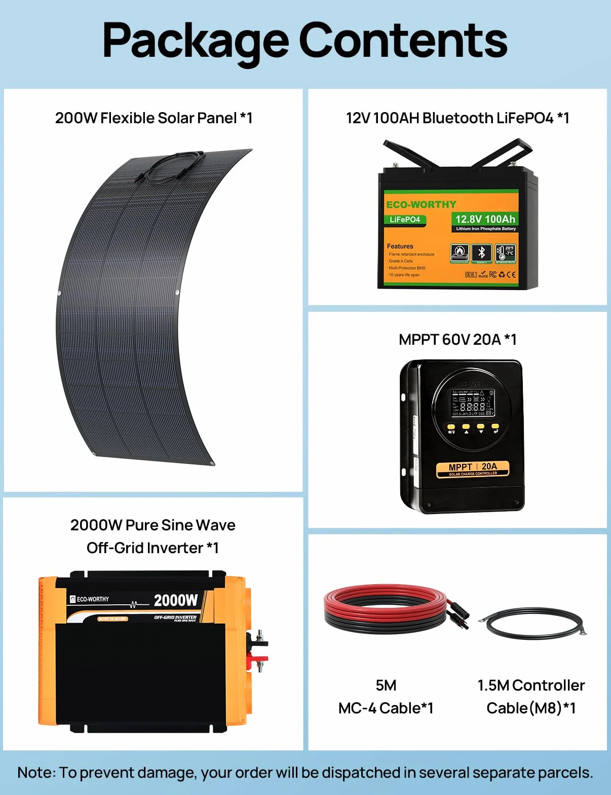 ECO-WORTHY Set di pannelli solari da campeggio 1280WH, pacchetto completo con batteria LiFePO4 da 100 Ah, pannello solare flessibile da 200 W, regolatore di carica MPPT da 20 A e inverter da 2000 W