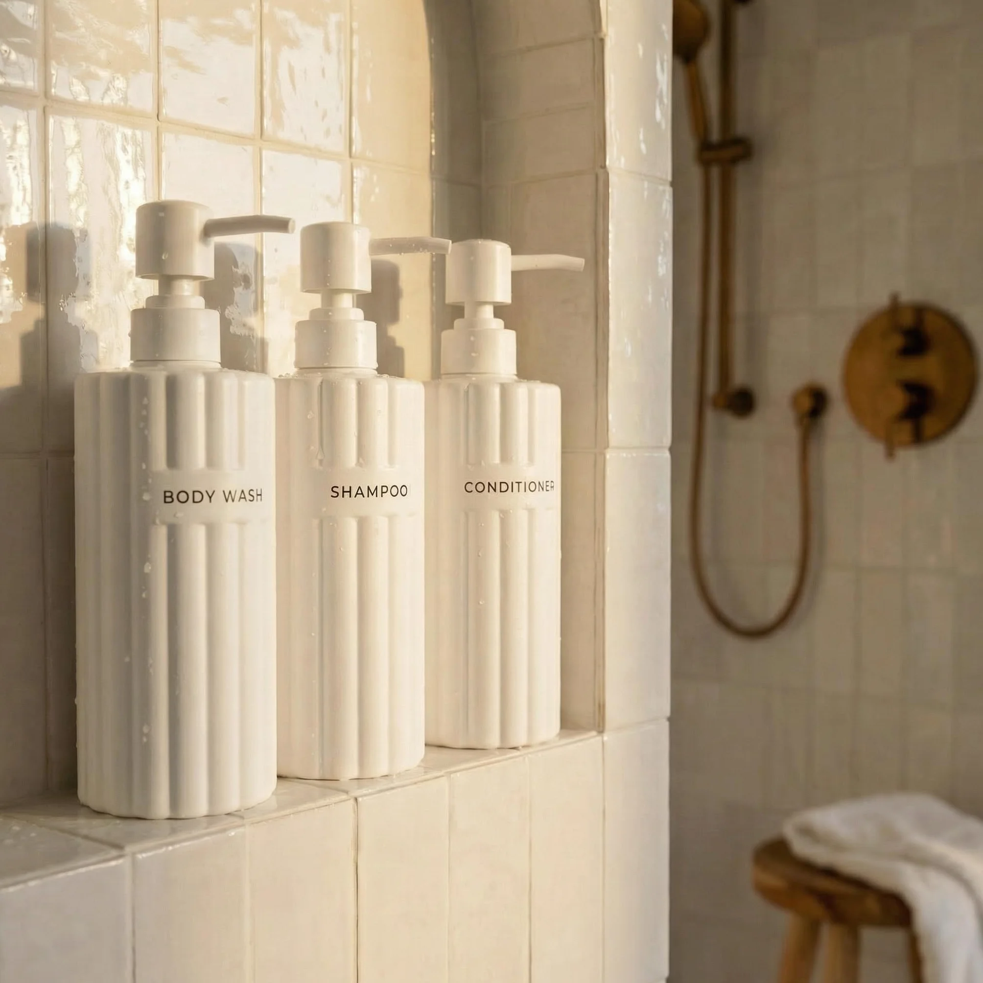 Elegante dispenser per shampoo e balsamo, set da 3 – Moderne bottiglie di sapone da doccia con pompa ed etichette, dispenser per bagnoschiuma facile da riempire per un aggiornamento istantaneo della