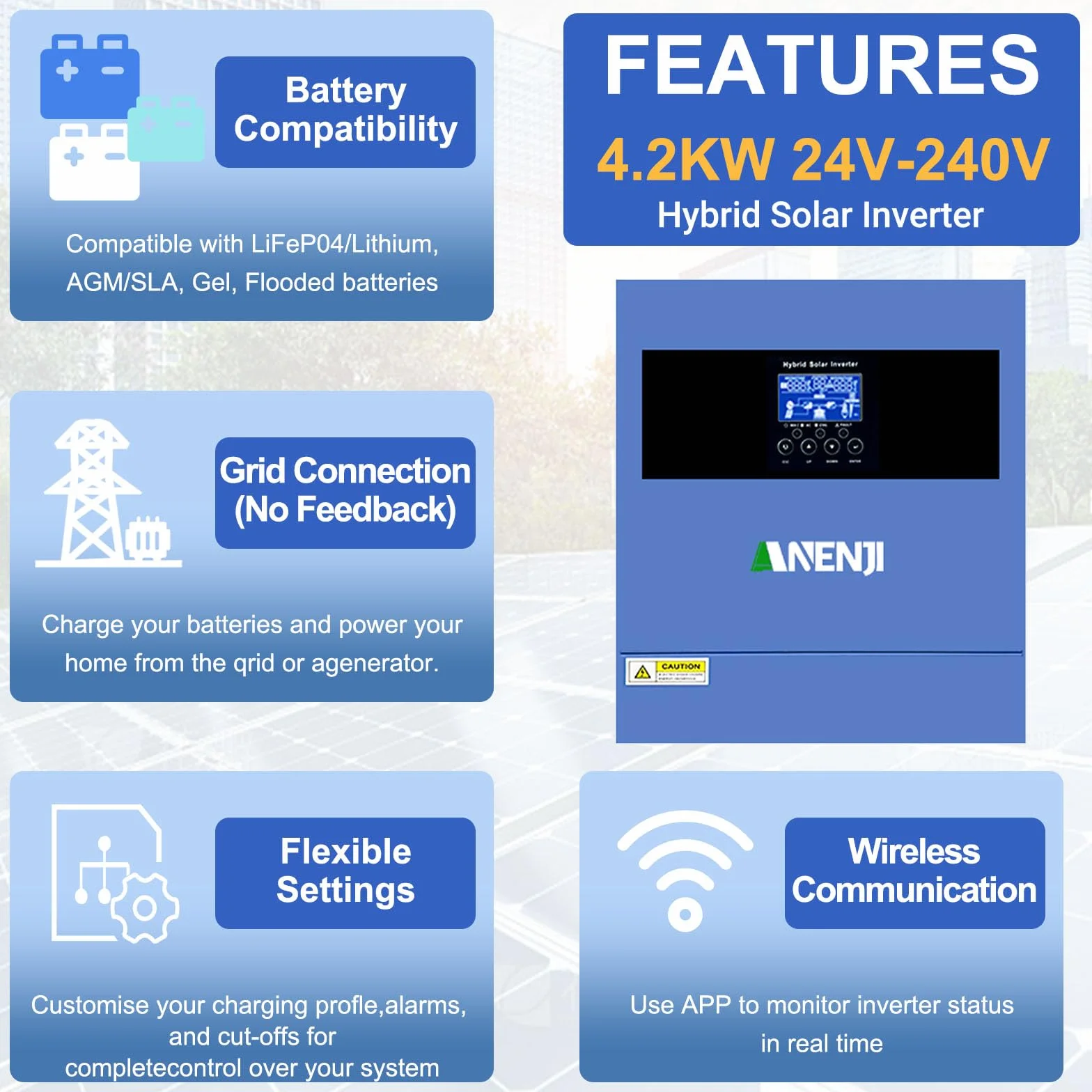 4200W Inverter ibrido a onda sinusoidale pura, Tensione a Circuito Aperto Fotovoltaico 60–500 Vcc Dotato di un MPPT da 100A e di un modulo WiFi integrato, Supporta la modalità senza batteria