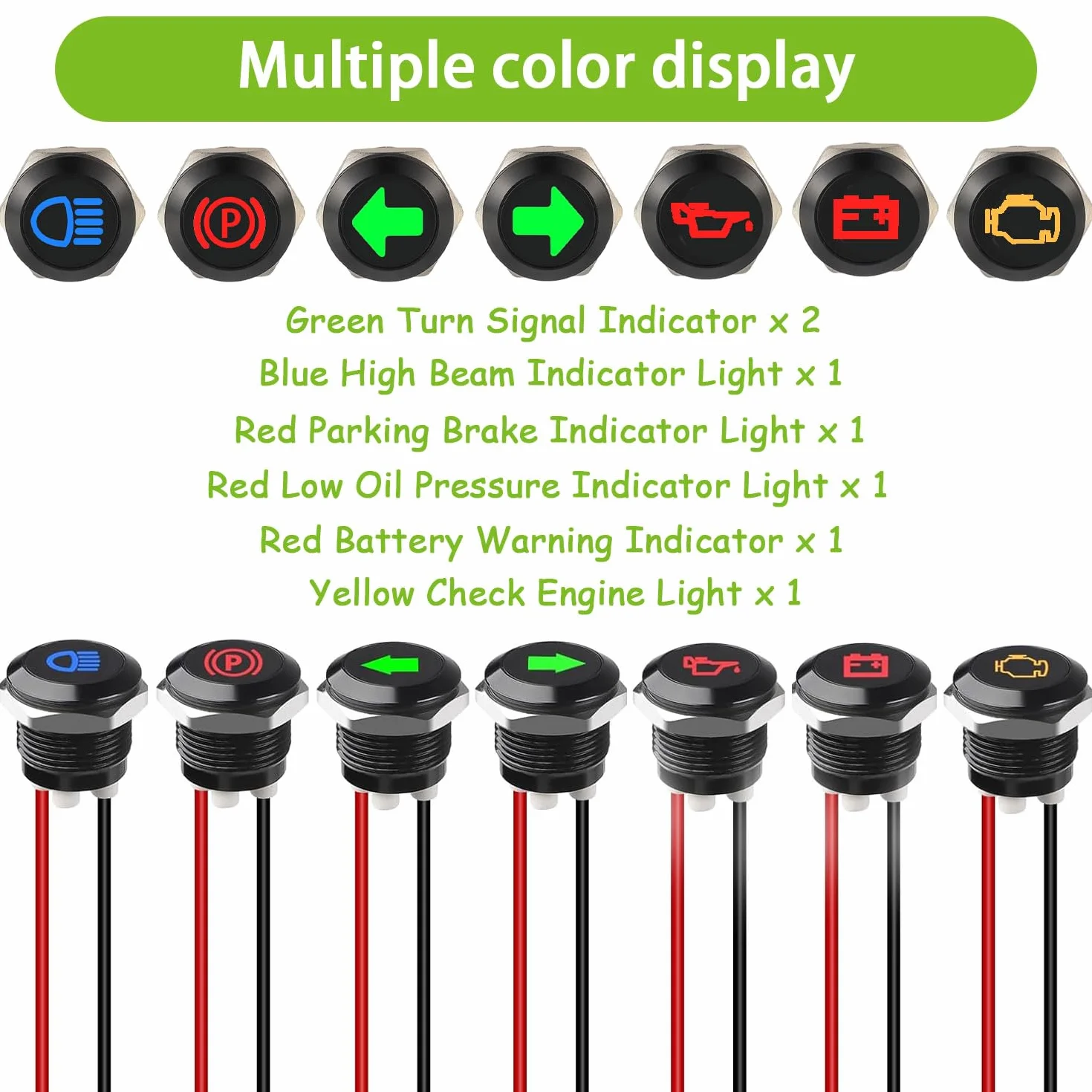 7 Pezzi 12mm Indicatore luminoso LED impermeabile, DC 12 V/24 V in metallo Indicatore LED per Moto Auto Camion Trattori Camper ATV