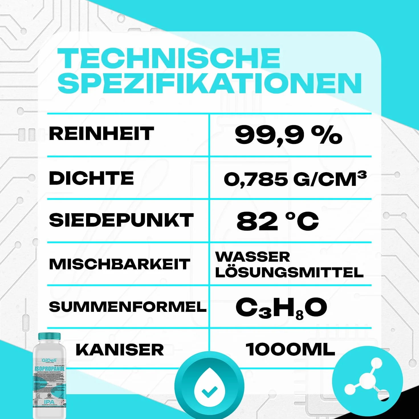 GiDeli Isopropanolo 99,9% 1l - Isopropilalcol Detergente ad Alta Concentrazione - Detergente per Elettronica, Accessori per Stampanti 3D, Vetro, Schermi e Lenti