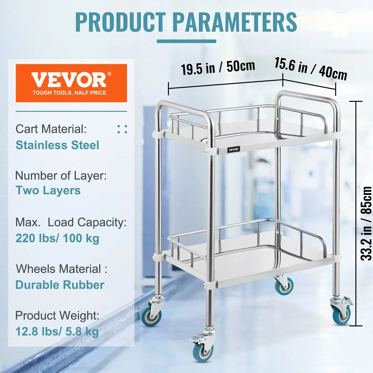 VEVOR Carrello da Laboratorio, 2 Strati Carrello Medico in Acciaio Inox, con 4 Ruote a 360° 2 Freni, Argento, per Ospedale, Farmacia ed Estetica, Laboratori, Salone di Bellezza, Centro di Ricerca