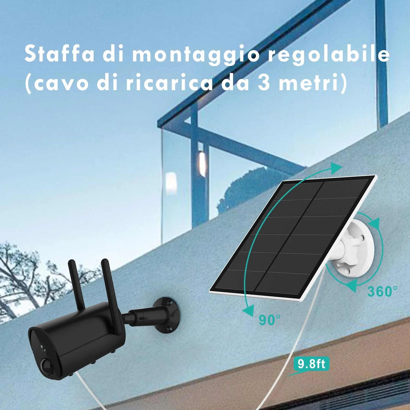 Telecamera Pannello Solare 5W per Telecamera a Batteria Ricaricabile da Esterno DC 5V, Pannelli Solari con Porta micro USB e USB-C, Staffa Regolabile