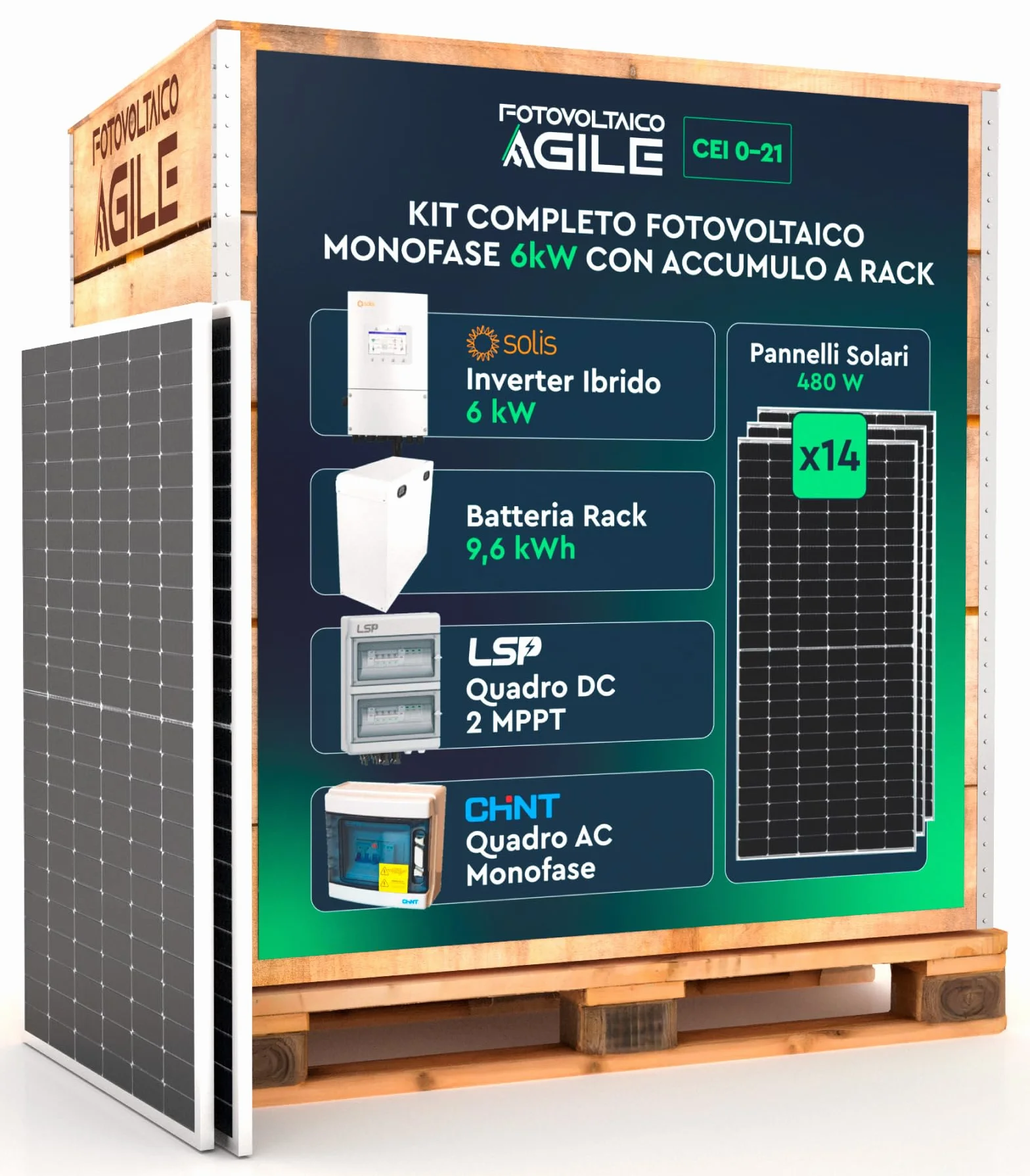 KIT Pannelli Solari 6,72 kWp + Inverter Ibrido Solis 6 kW + Batteria 9,6 kWh + Quadro di stringa 2 MPPT + Quadro AC Monofase Chint - CEI 0-21 - Funzione Backup - Impianto a isola oppure ongrid