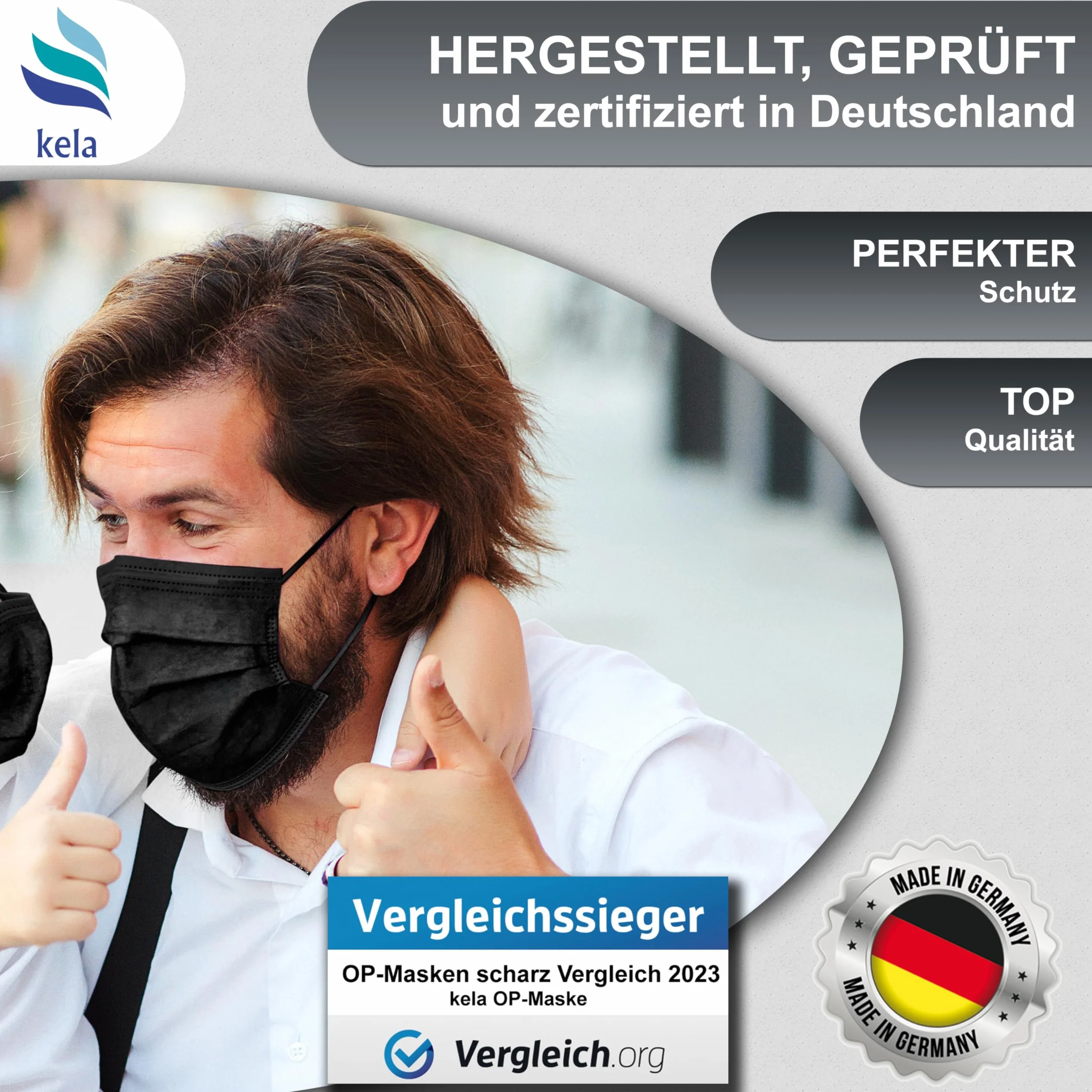 Kela maschere OP nero 100% Made in Germany maschera medica usa e getta certificazione CE DIN EN 14683 tipo II BFE > 98% 3 strati (50)