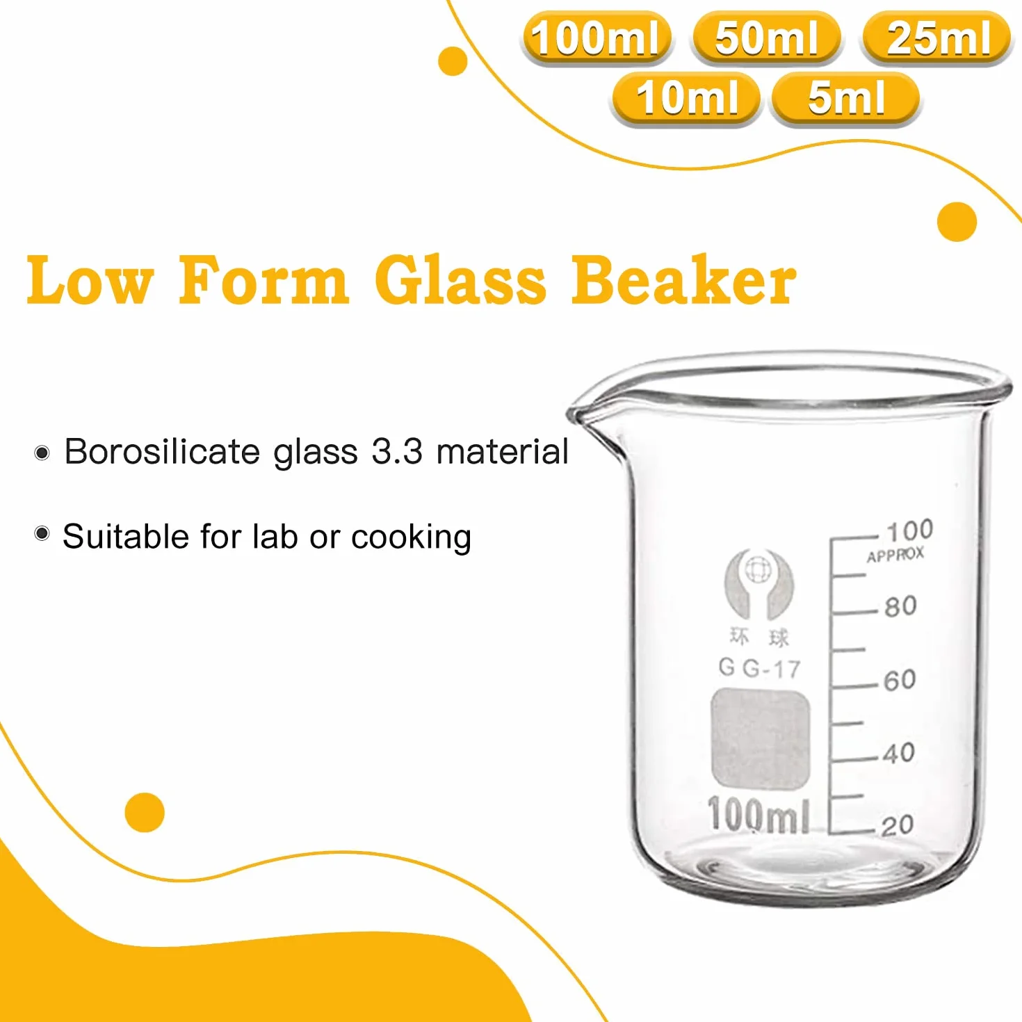 Becher Graduati Vetro Borosilicato 100 ml 50 ml 25 ml 10 ml 5 ml per Laboratorio