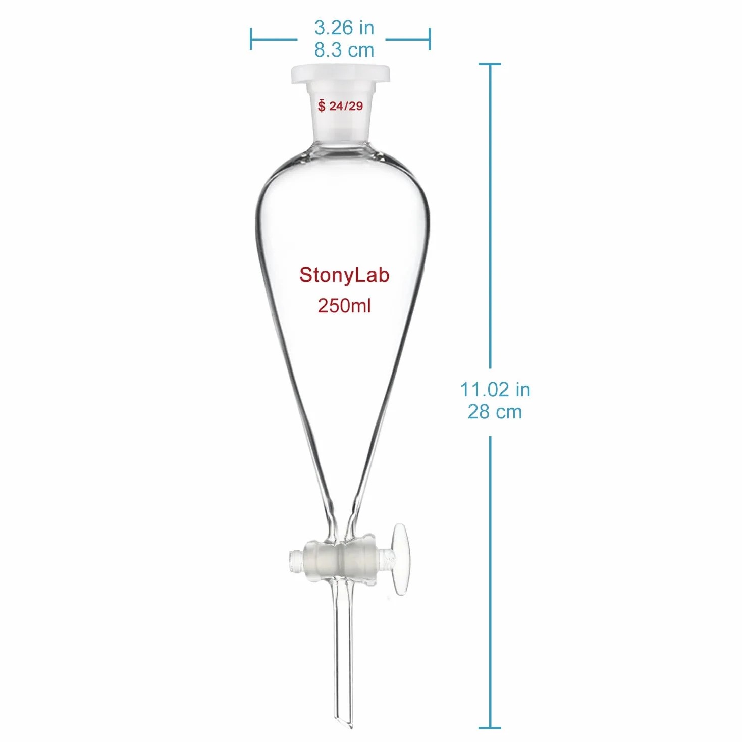 stonylab Lmbuto Separatore con Rubinetto in Vetro, Imbuto in Borosilicato con Giunto 24/29 per Separazione Accurata di Liquidi in Laboratorio, 250 ml