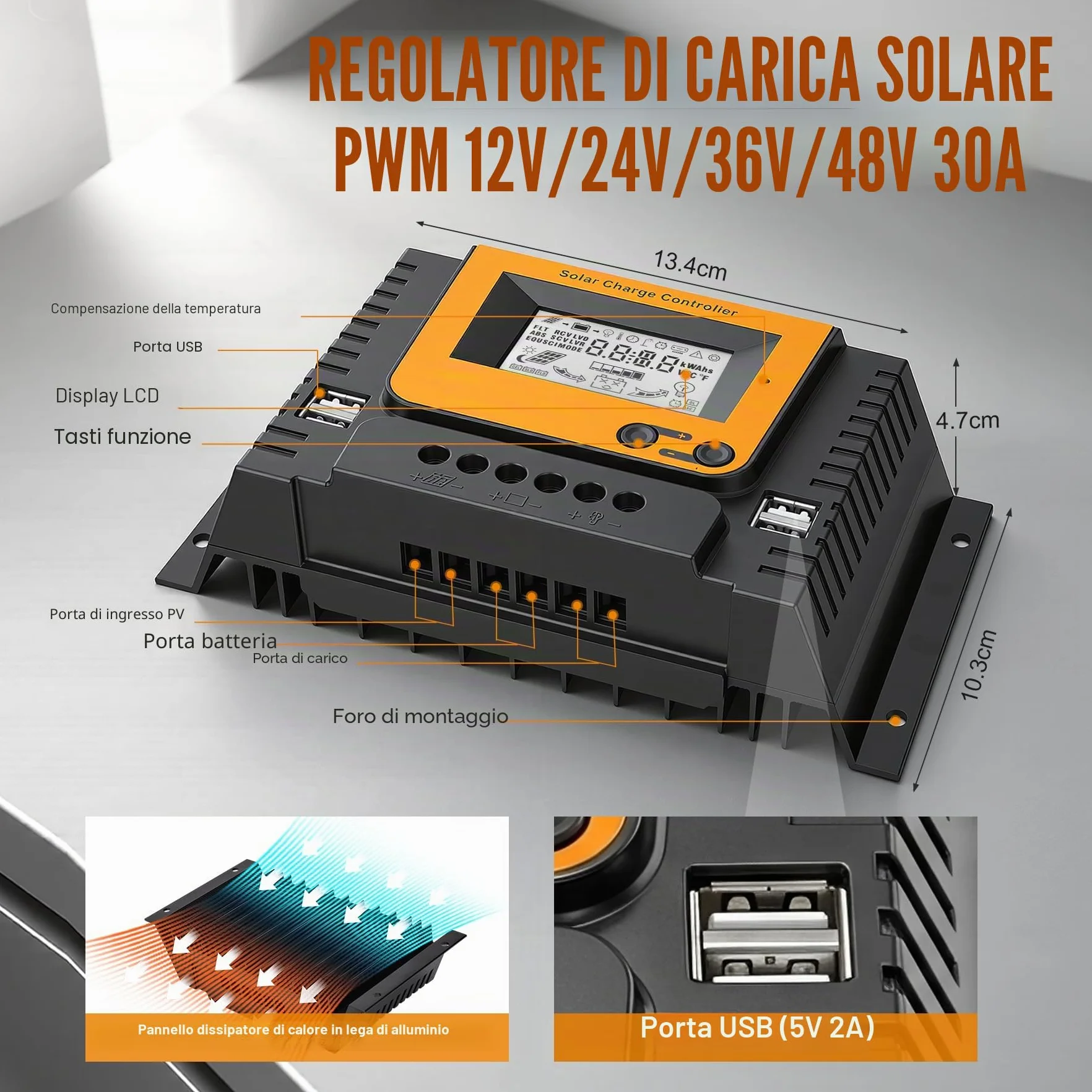 30A Regolatore di Carica Solare 12V 24V 36V 48V Con Bluetooth, PWM 30A Regolatore Carica Solare con sensore temperatura, 4 porte USB, LCD Display, Adatto varie LI SLD FLD GEL AGM Batteria