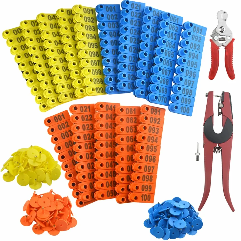 WMYCONGCONG - Set di 300 etichette per orecchie (blu, giallo, arancio), con strumento di rimozione e pinze applicatori per capra, pecora, cane, cervo