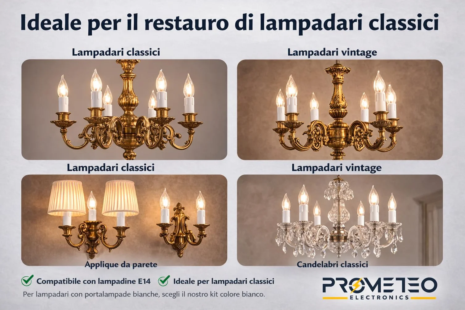 Kit 6 Portalampade E14 Finta Candela Bianca – Copricandela per Lampadari Classici e Vintage – Attacco E14 con Nipplo M10 e Vite di Sicurezza – Altezza 65 mm