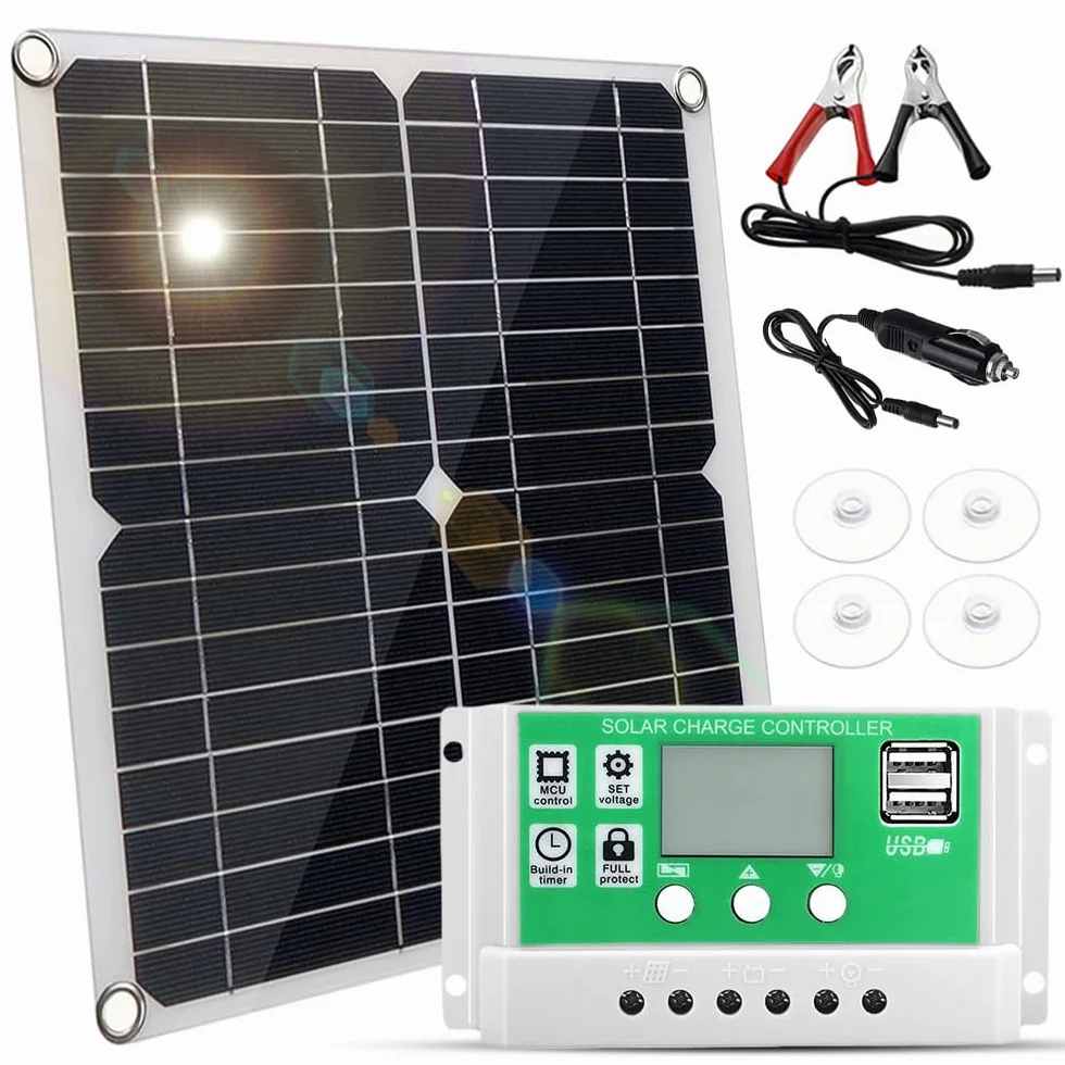 ACAGALA Kit pannello solare da 20 Watt, pannello solare monocristallino + regolatore di carica 100 A-PWM + morsetti per batteria, 22% di alta efficienza per sistemi di camper, barche e rimorchi