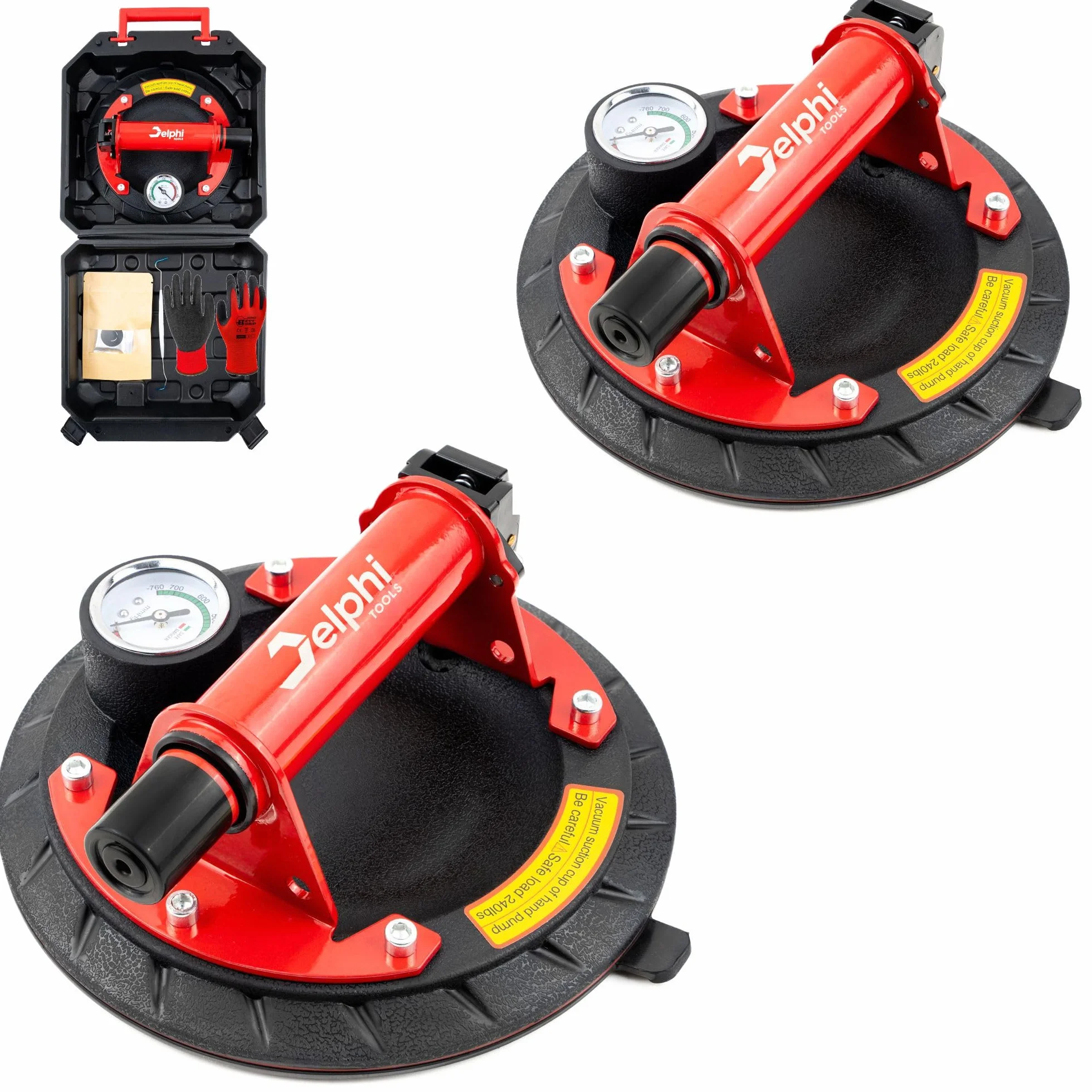 DELPHI Set di sollevatori a ventosa per piastrelle, aspirapolvere in vetro, 120 kg, 200 mm, ergonomico, manico di aspirazione antiscivolo per piastrelle, per il trasporto sicuro di piastrelle, dischi
