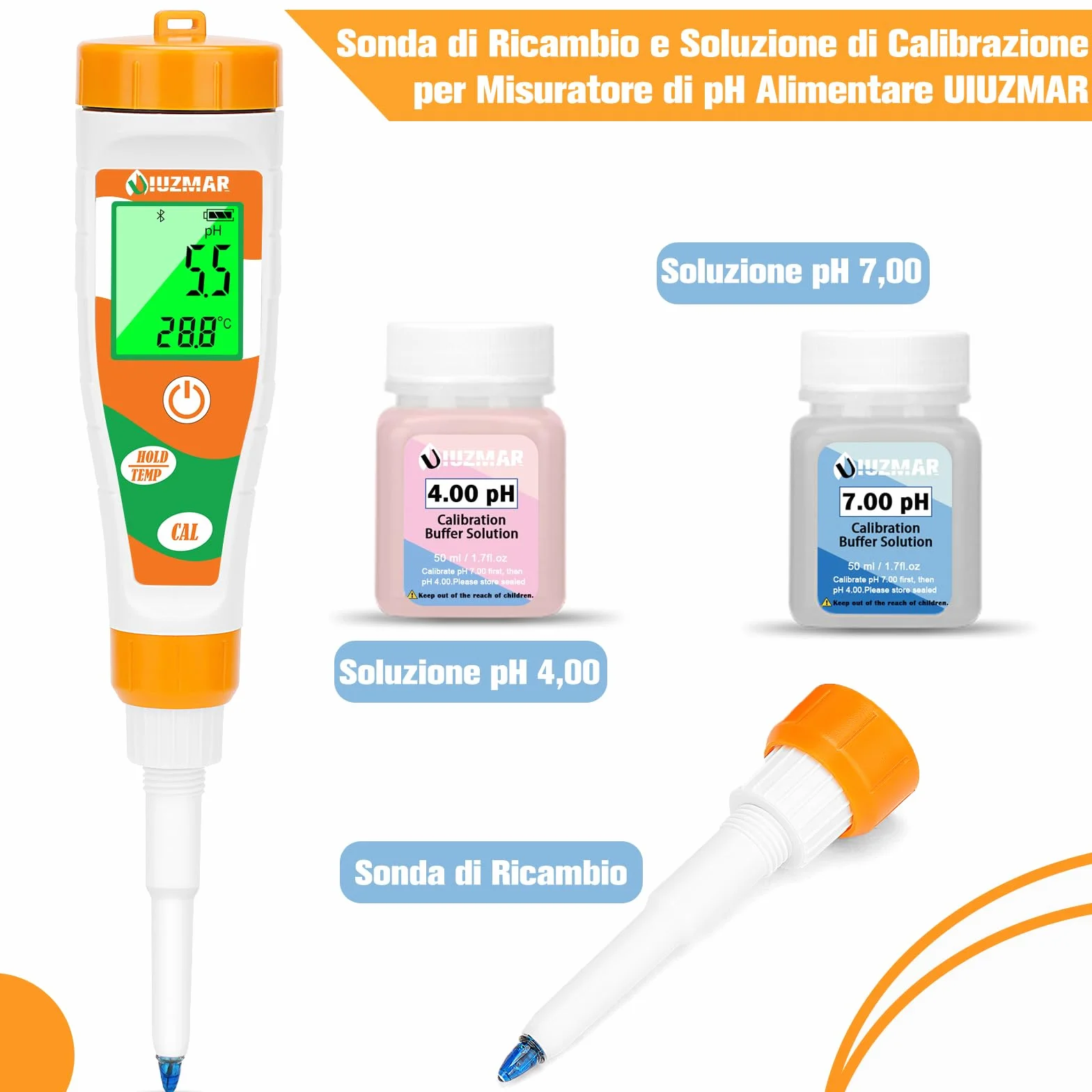 UIUZMAR Sonda pH Sostitutiva e Soluzione di Calibrazione del pHmetro (4,00 e 7,00) per Misuratore di pH Alimentare UIUZMAR, Elettrodo pH Sostituibile