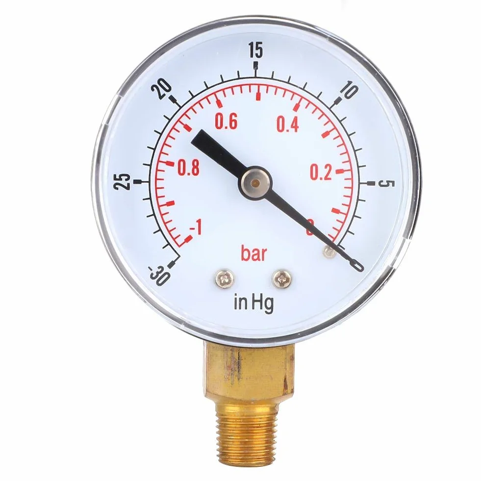Regun Vacuometro, Mini manometro a quadrante sottovuoto, -1-0Bar -30-0inHg 50mm 1/8 BSPT Attacco Inferiore, per Aria Acqua Olio