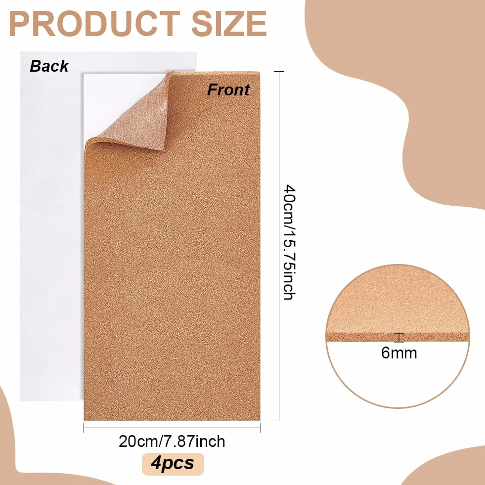 BENECREAT 4 PC Fogli per Bollettini Piastrelle In Sughero Autoadesiva 20x40x0.6 cm, Lavagna Sughero Sottobicchiere Rettangolare Decorazione Murale
