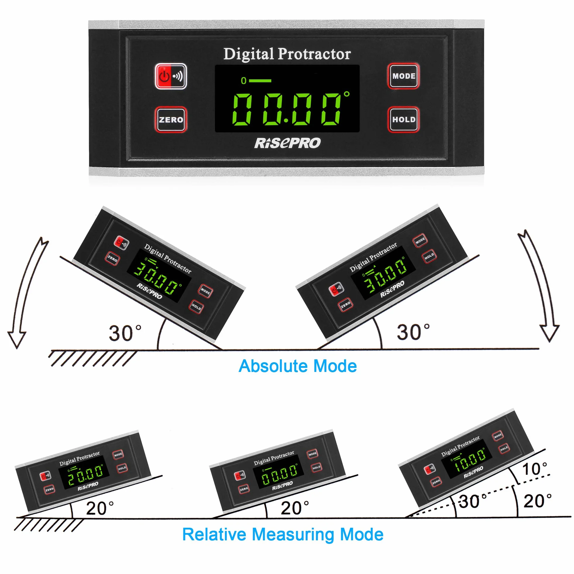 Risepro® Inclinometro digitale magnetico 0~360 gradi con retroilluminazione 82413B