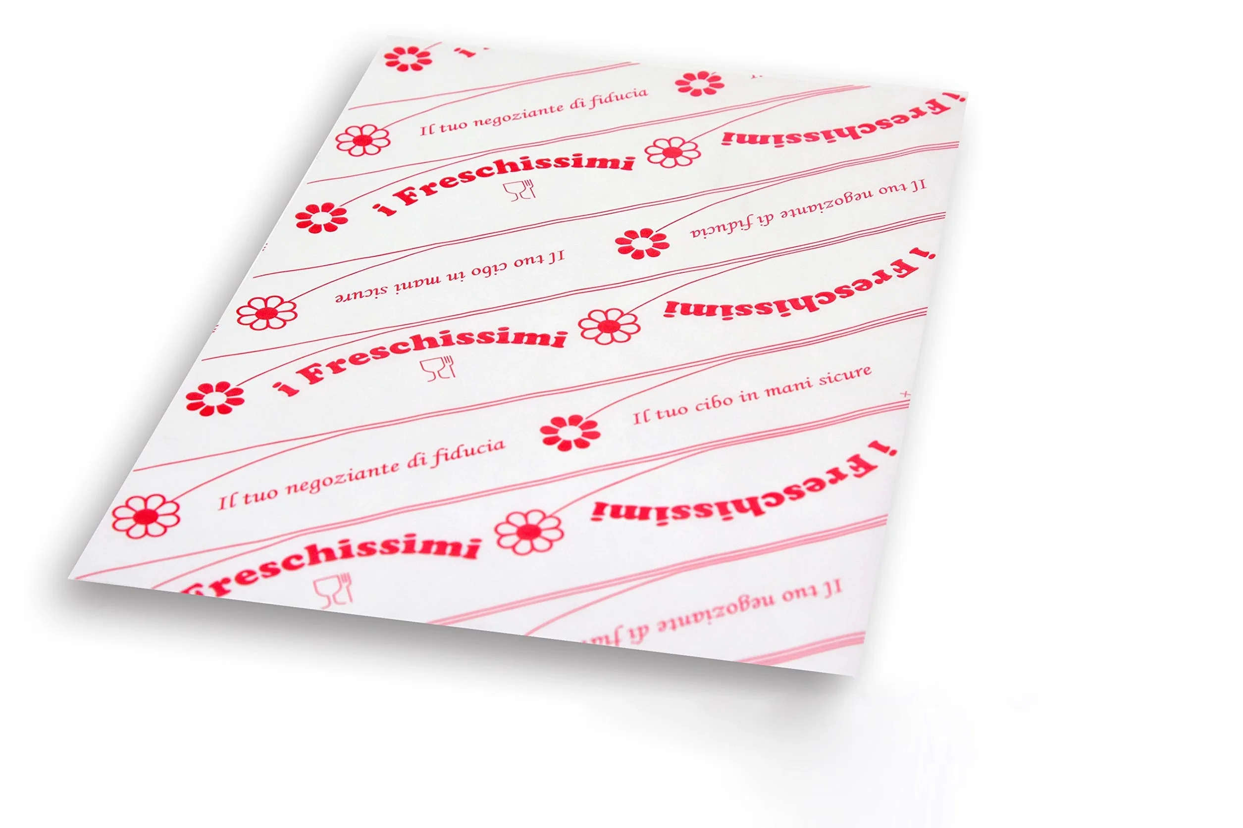Carta accoppiata da gr. 60 + Hdpe stampata con logo “I Freschissimi” in colore rosso - Formato cm. 33x40 - Pacco da Kg. 10 (circa 1150 fogli)