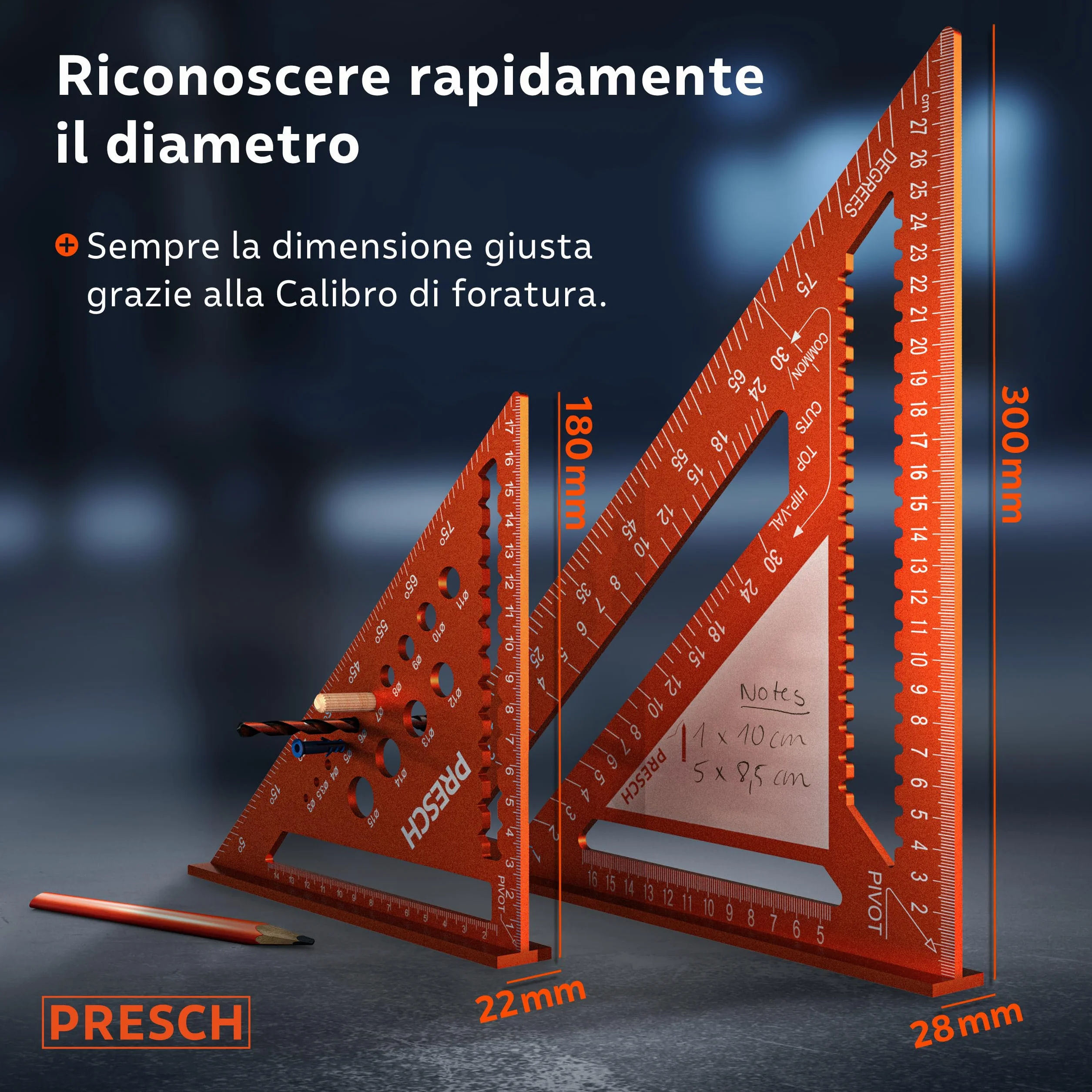 Presch Squadra da falegname Set 180mm 300mm Alluminio fresato ad alta precisione