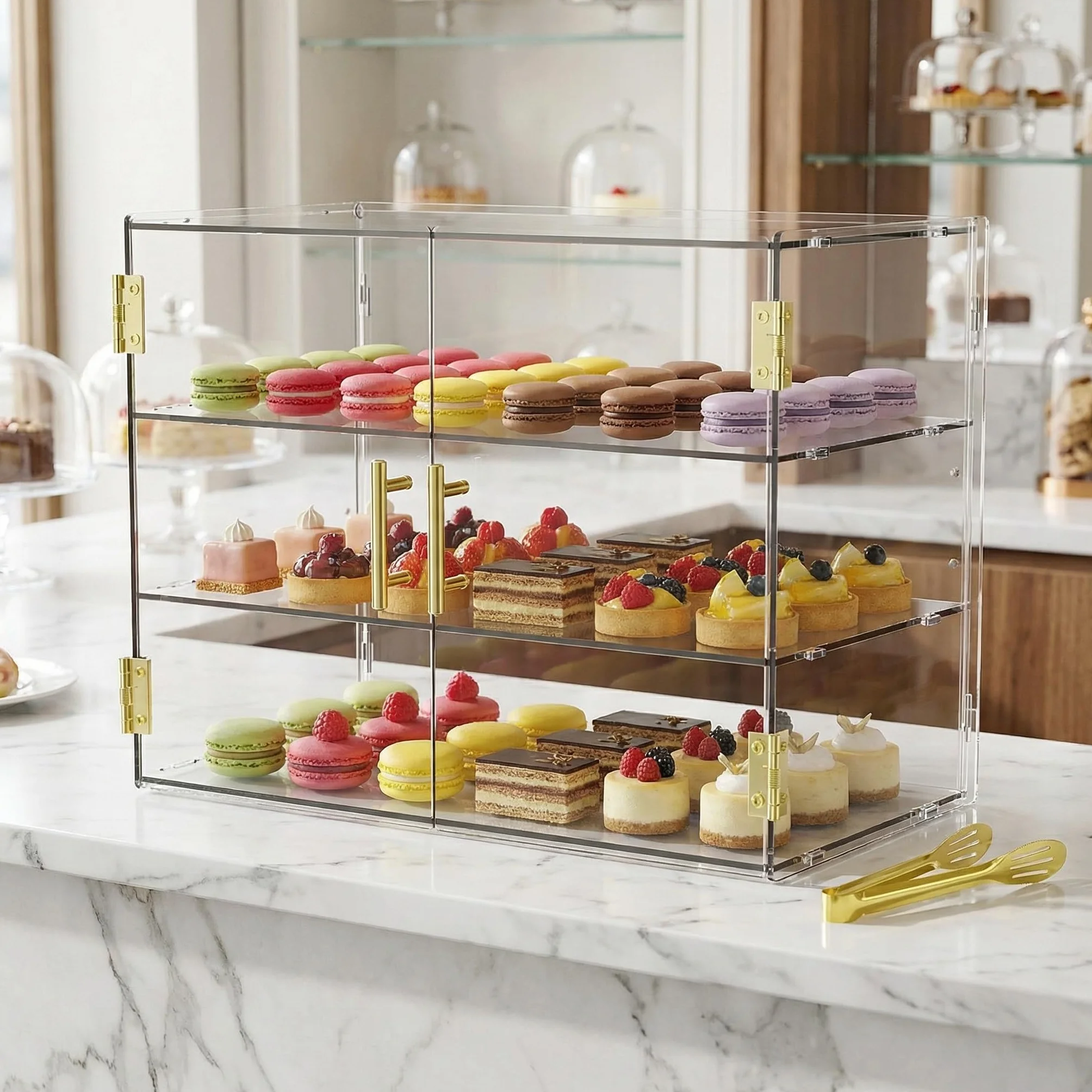 Vetrina da banco a 3 livelli con sportello automatico elastico, 49,5 x 37,8 x 26,2 cm, vetrina per pasticceria in acrilico, per pane, dessert, biscotti