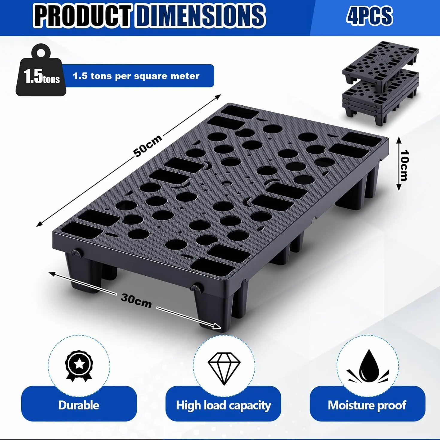 4 pezzi Pallet in plastica, Bancale Pallet impilabile resistente all'umidità con griglie traspiranti per supermercati, garage e magazzini, 50x30x10 cm