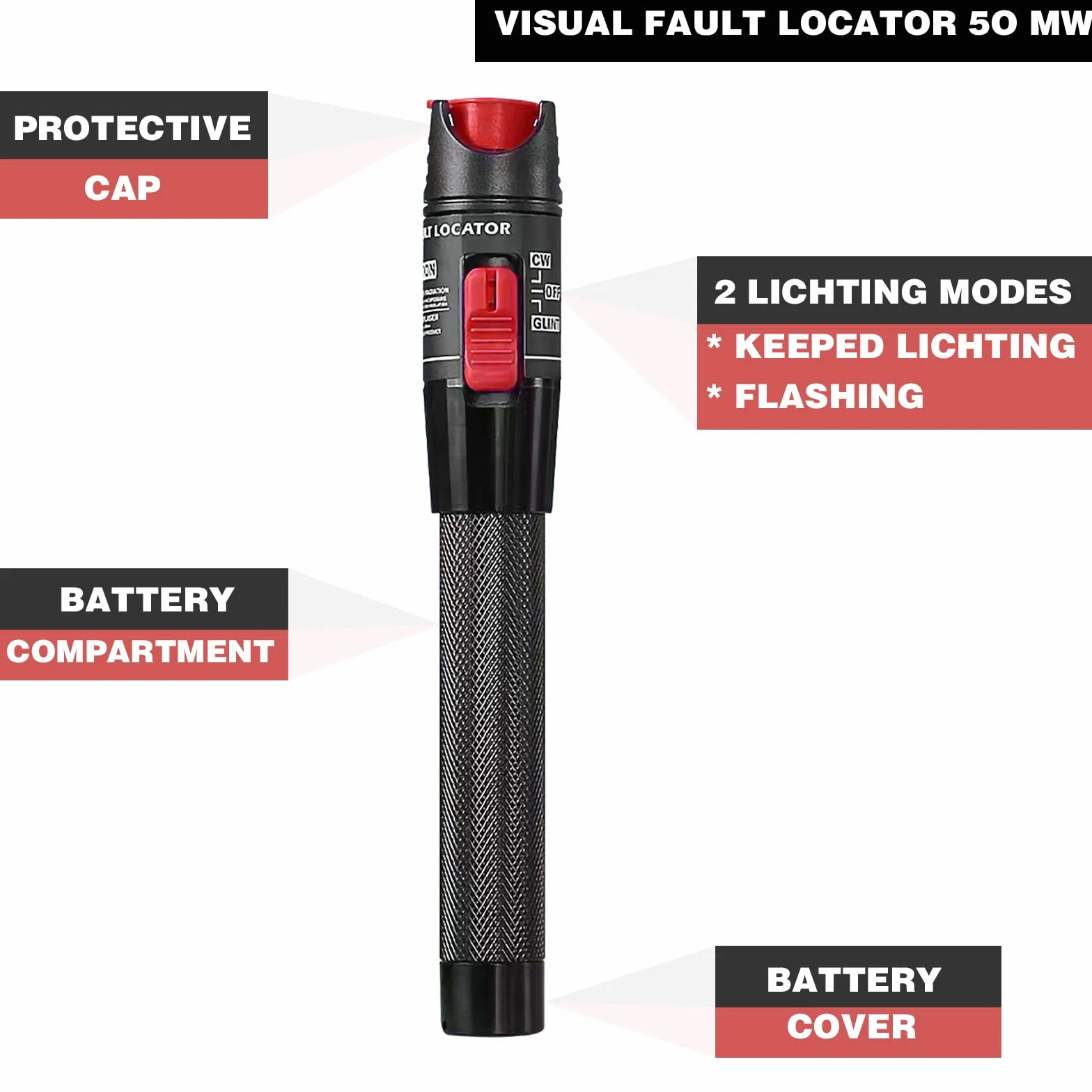 Localizzatore di guasti visivi da 50 mw con connettore FC/APC maschio a LC/APC, kit test VFL 50 km, tester in fibra ottica con adattatore FC a LC-SM9/125, Supporta connettori SC/FC/ST/LC