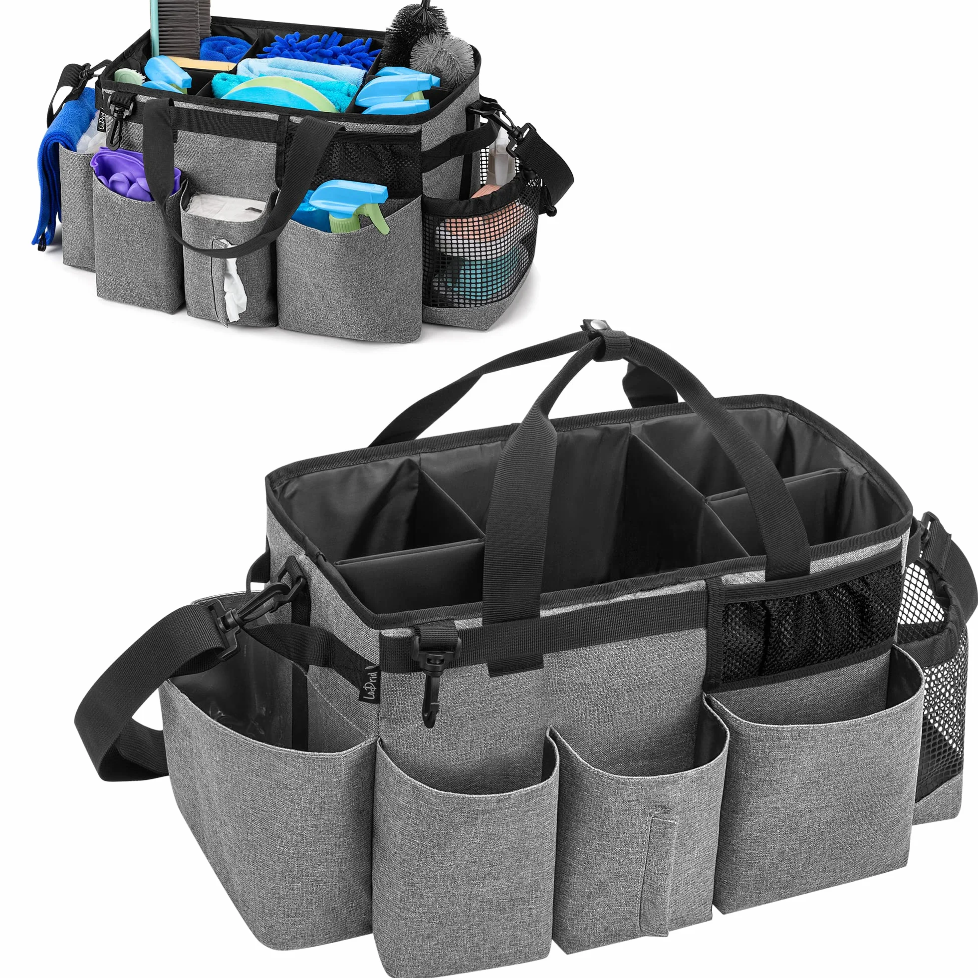 LoDridTote Borsa per la pulizia con 4 divisori pieghevoli, organizer portatile per prodotti per la pulizia con manici laterali e tracolla, Grigio, Solo Borsa