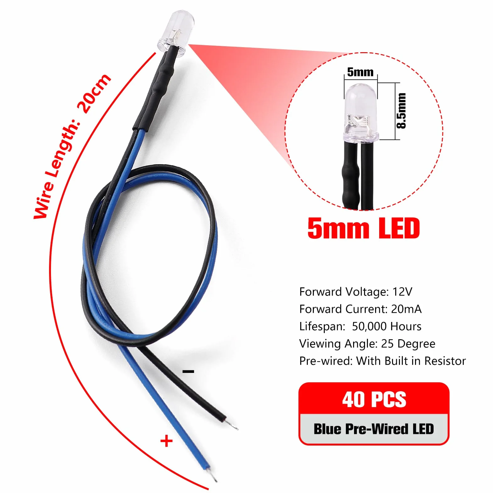 YIXISI 40 Pezzi 5mm LED Diodo 12V 20cm Blu Luce Precablata