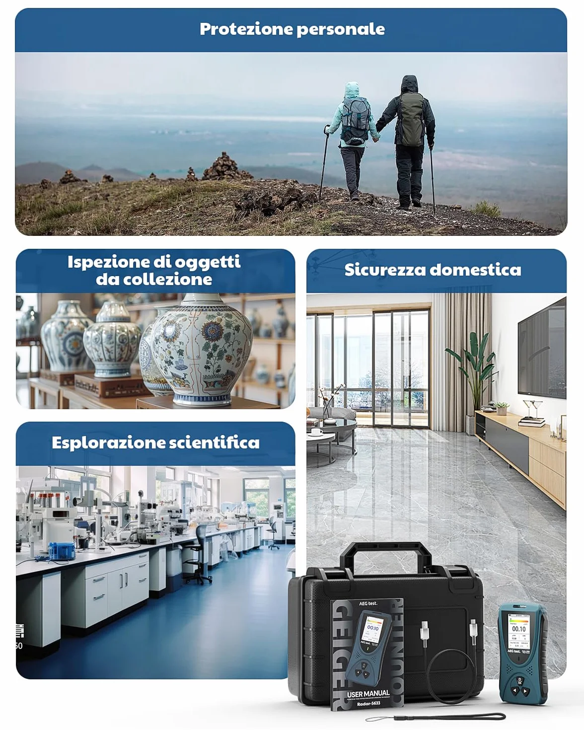 AEGTEST Contatore Geiger Radar-5633 Rilevatore Radiazioni Nucleari Schermo LCD Dosimetro Ricaricabile Beta Gamma X CPM μSv/h