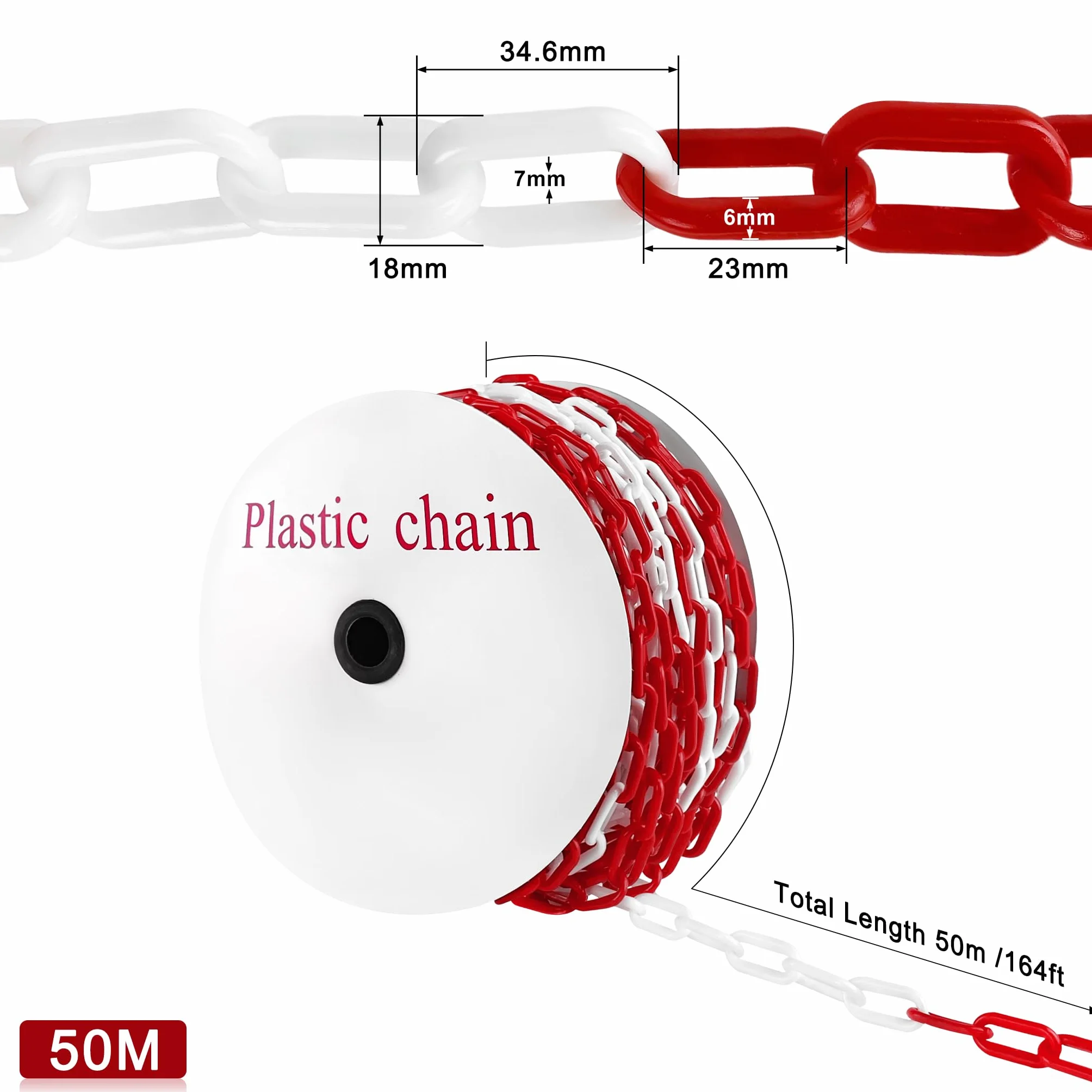 Froadp Catena di sicurezza in plastica, 50 m, colore rosso, bianco, diametro 6 mm, catena di sicurezza per cantieri, parcheggio, catena per bloccare superfici
