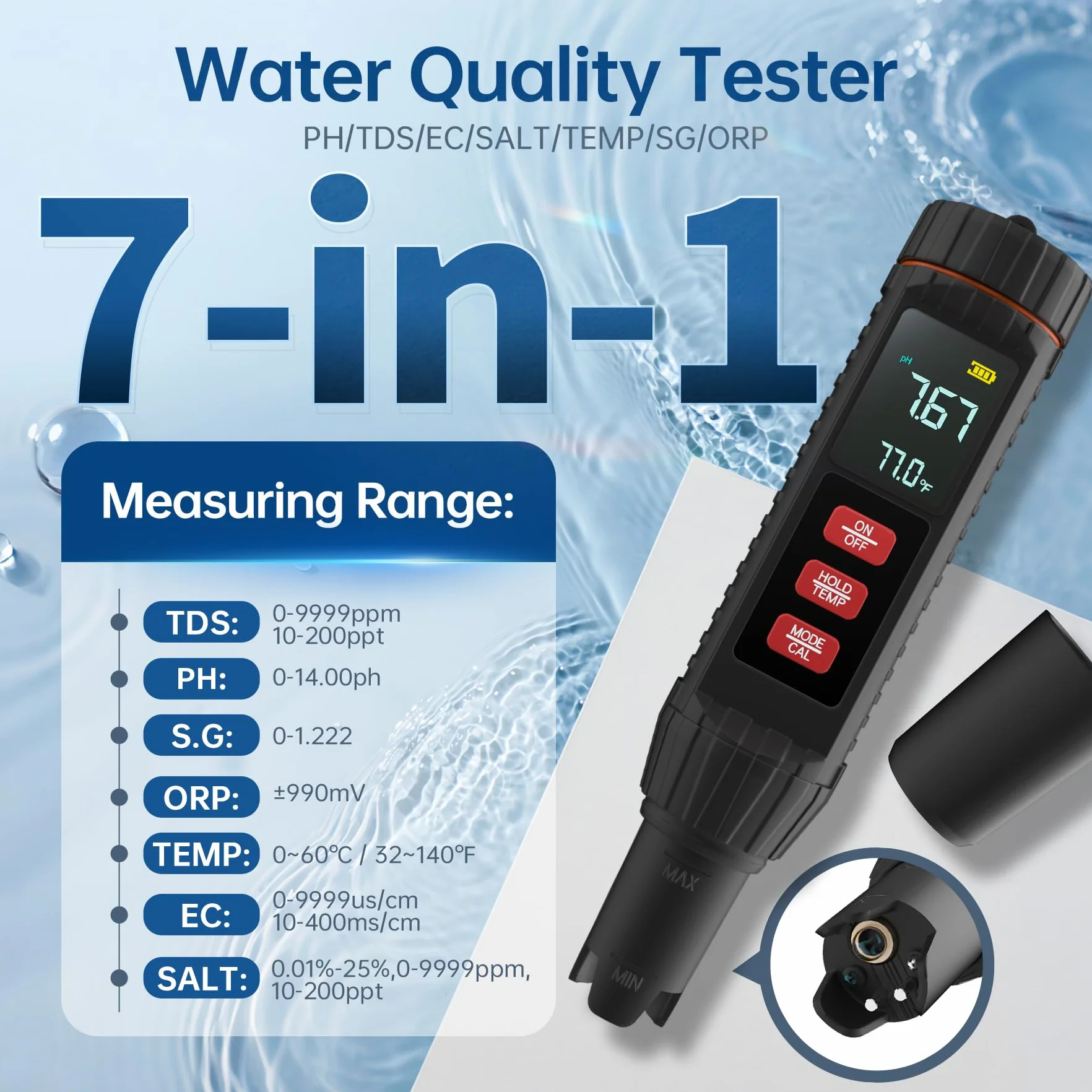 Forever Speed Misuratore pH Acqua 7 in 1, TDS Tester di Acqua pH/TDS/EC/ORP/SALT/S.G./TEMP con Display Retroilluminato, pH Metro Digitale per Acqua Potabile, Piscina, Acquacoltura marina, Acquario
