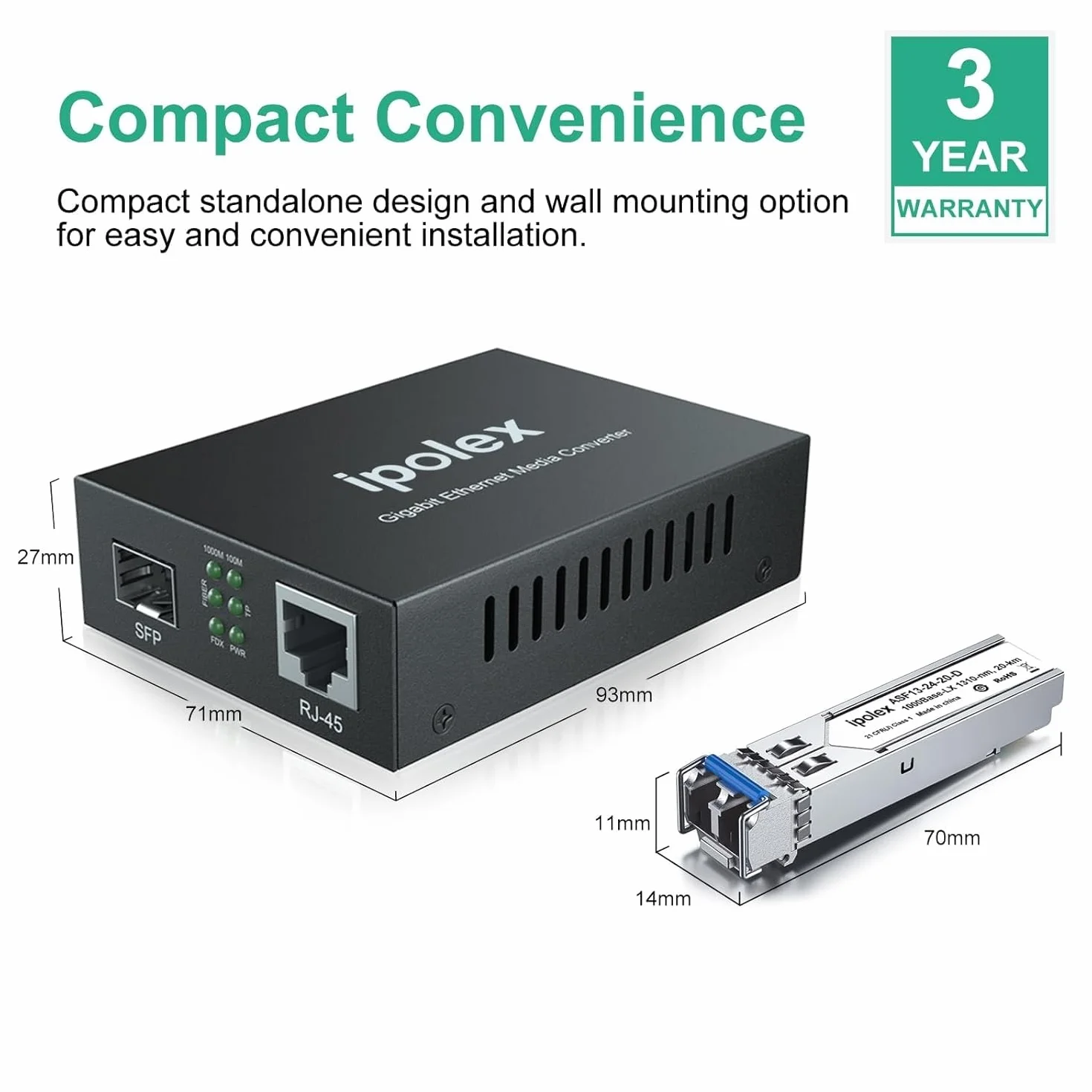 ipolex Convertitore Multimediale Gigabit Ethernet SFP 1,25G Fibra Ottica Modo Singolo LC 1310-nm 20-km