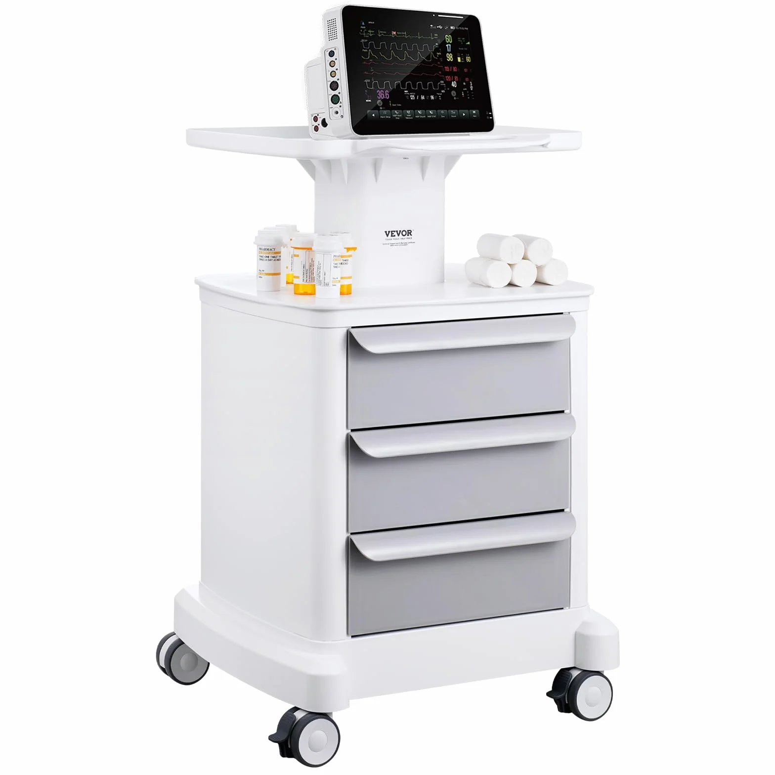 VEVOR Carrello da Laboratorio 4 Ripiani con 3 Cassetti 1 Vassoio Superiore 4 Ruote, Bianco