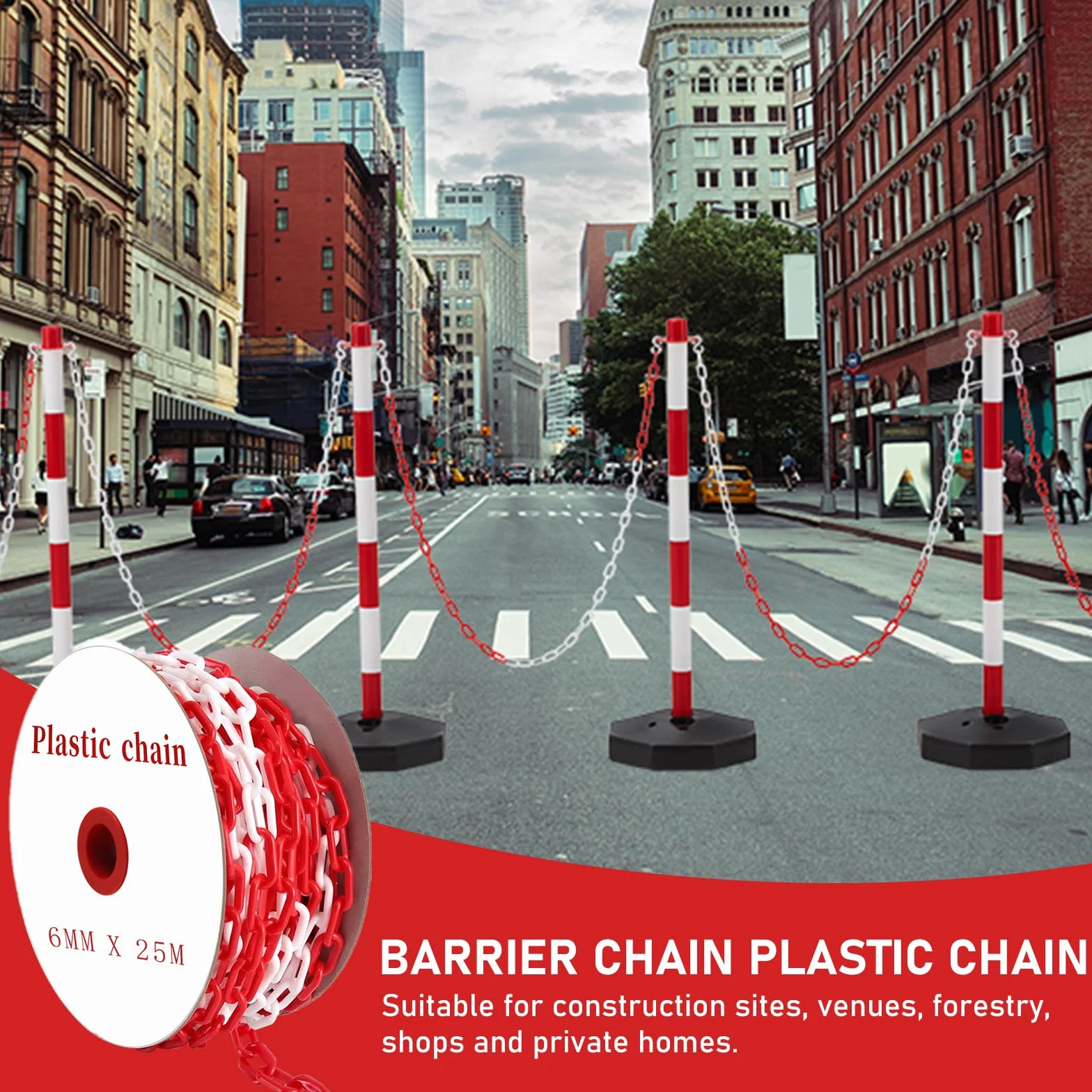 Catena Barriera Plastica Bianco Rosso 25m per Parcheggio con Moschettoni Alta Visibilità